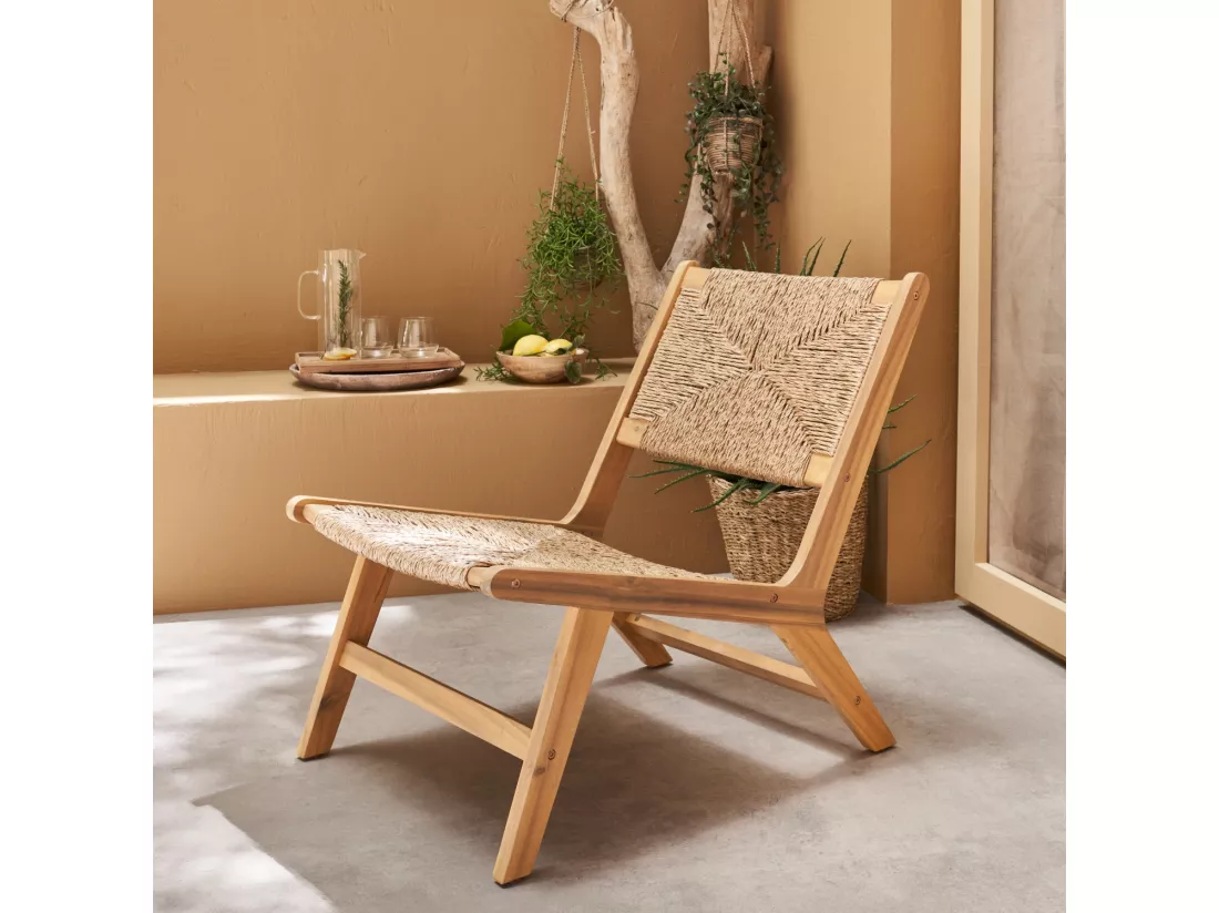 Fauteuil relax de jardin en bois et résine effet paille. intérieur / extérieur