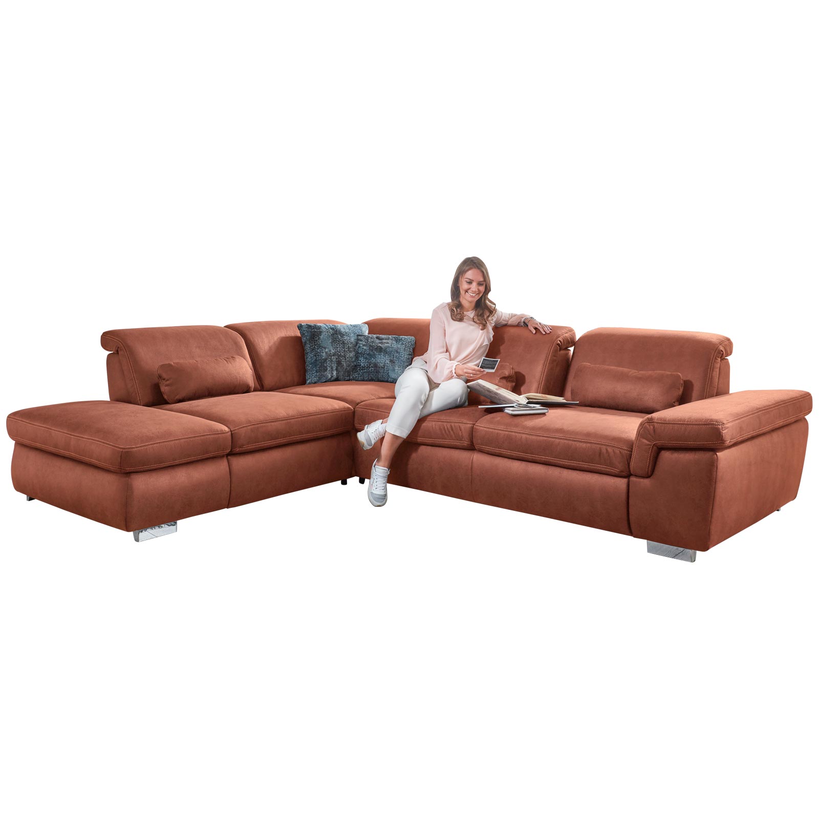 polsterpower Ecksofa - rot - mit Sitztiefenverstellung -Anstellhocker links