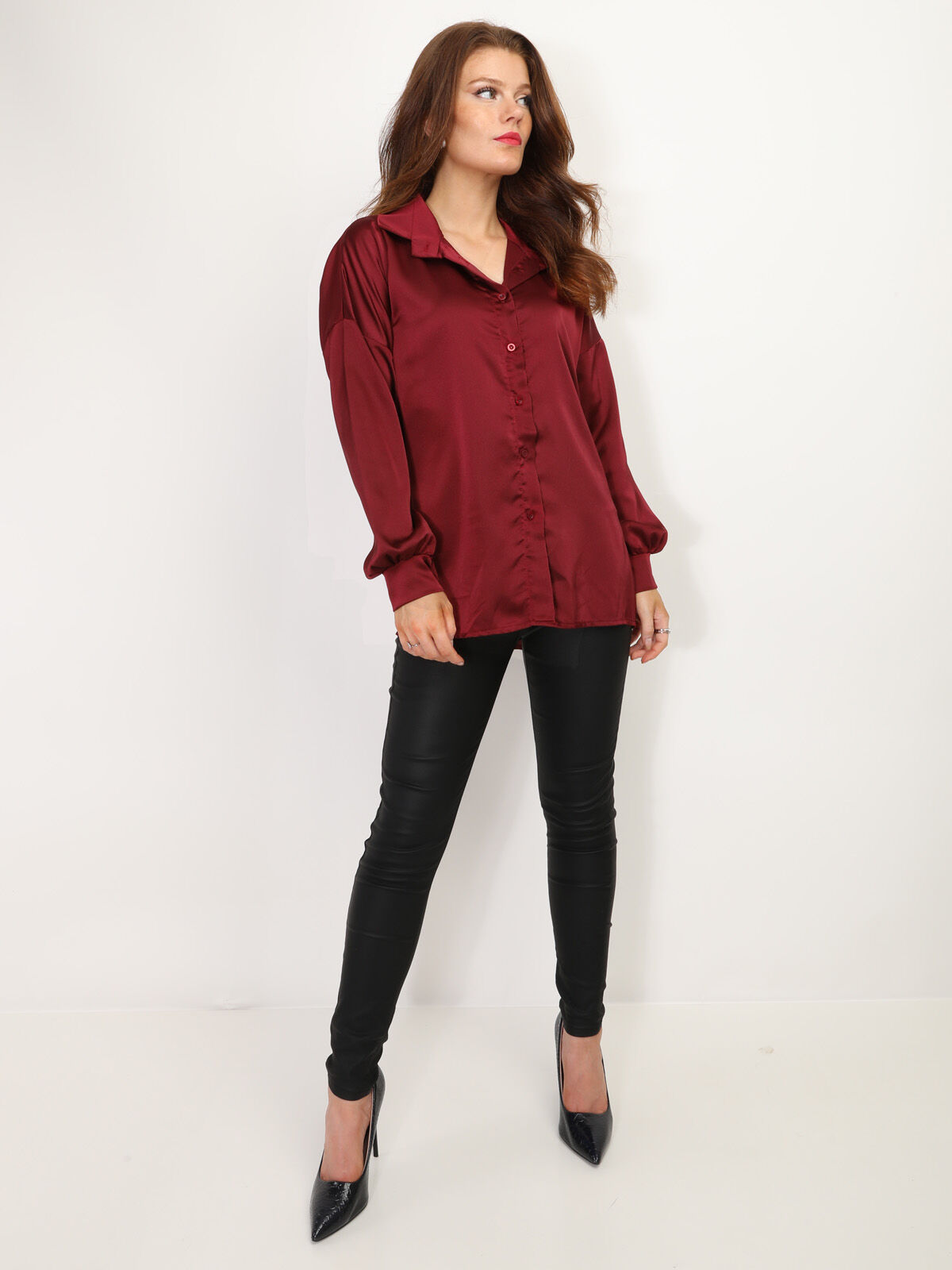 Chemise ample et satinée- Rouge foncé