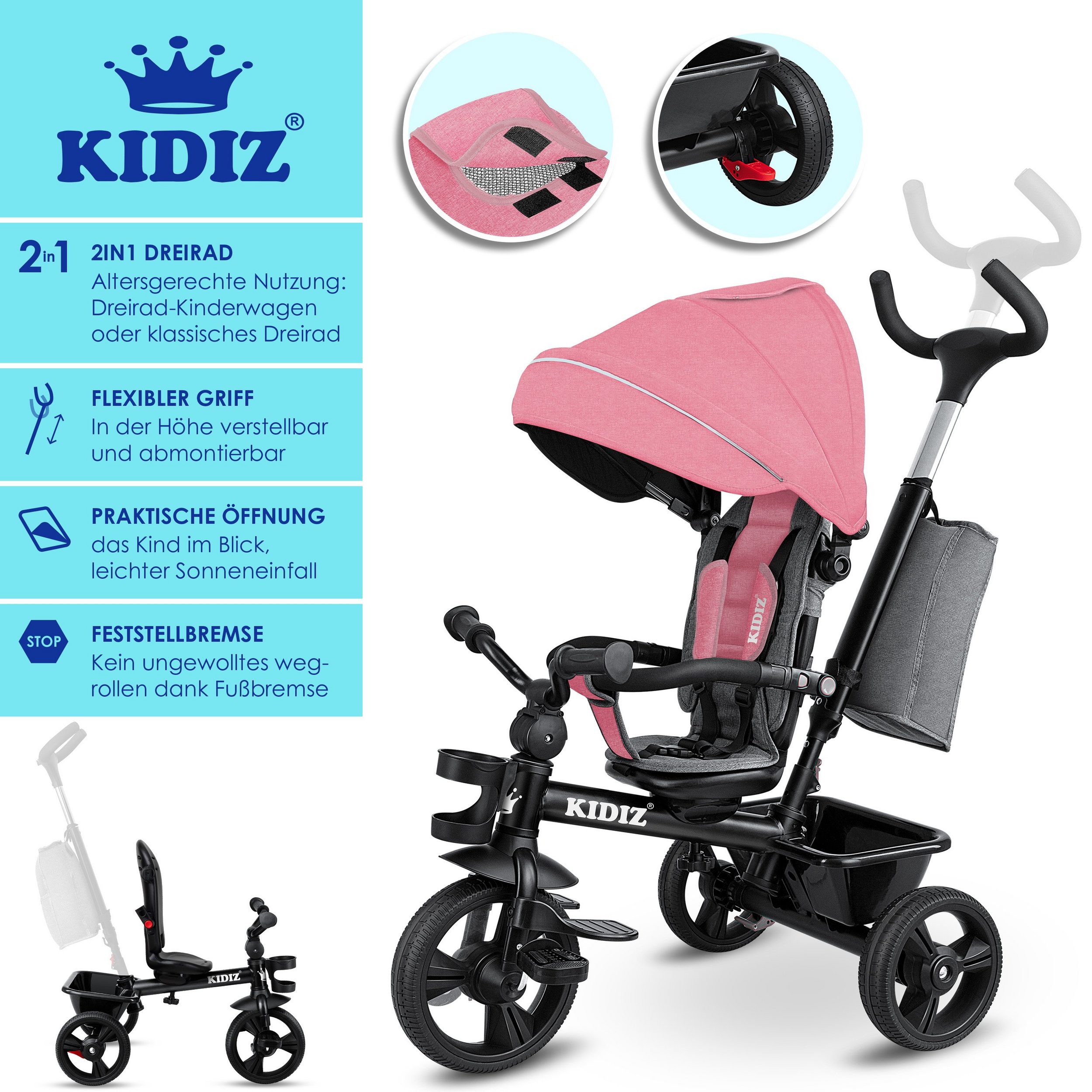 Triciclo infantil KIDIZ 5 em 1 com barra de empurrar e sistema de direção.