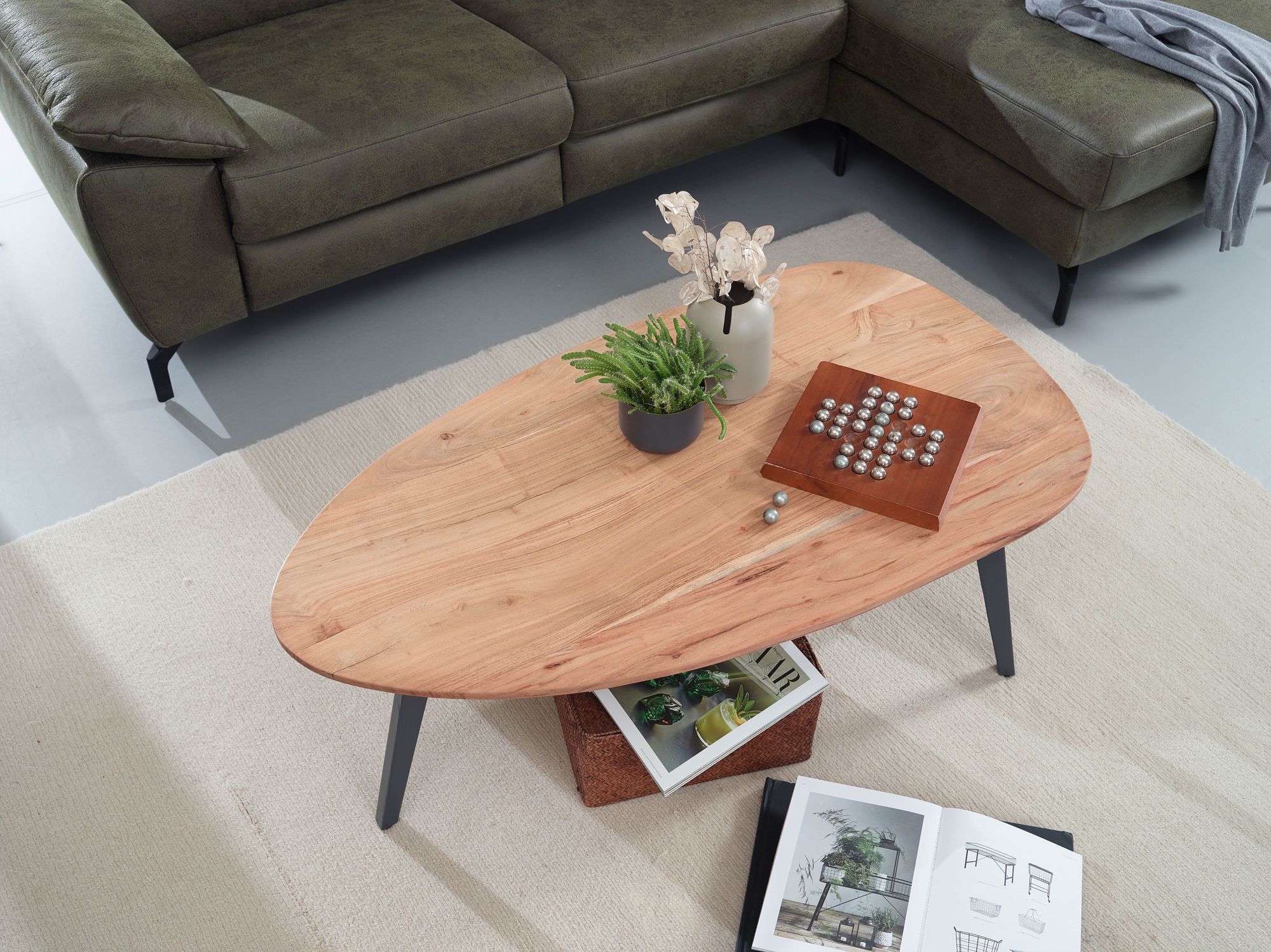 FineBuy Couchtisch Akazie 110x60cm Massivholz Wohnzimmertisch Holz/Metall Tisch