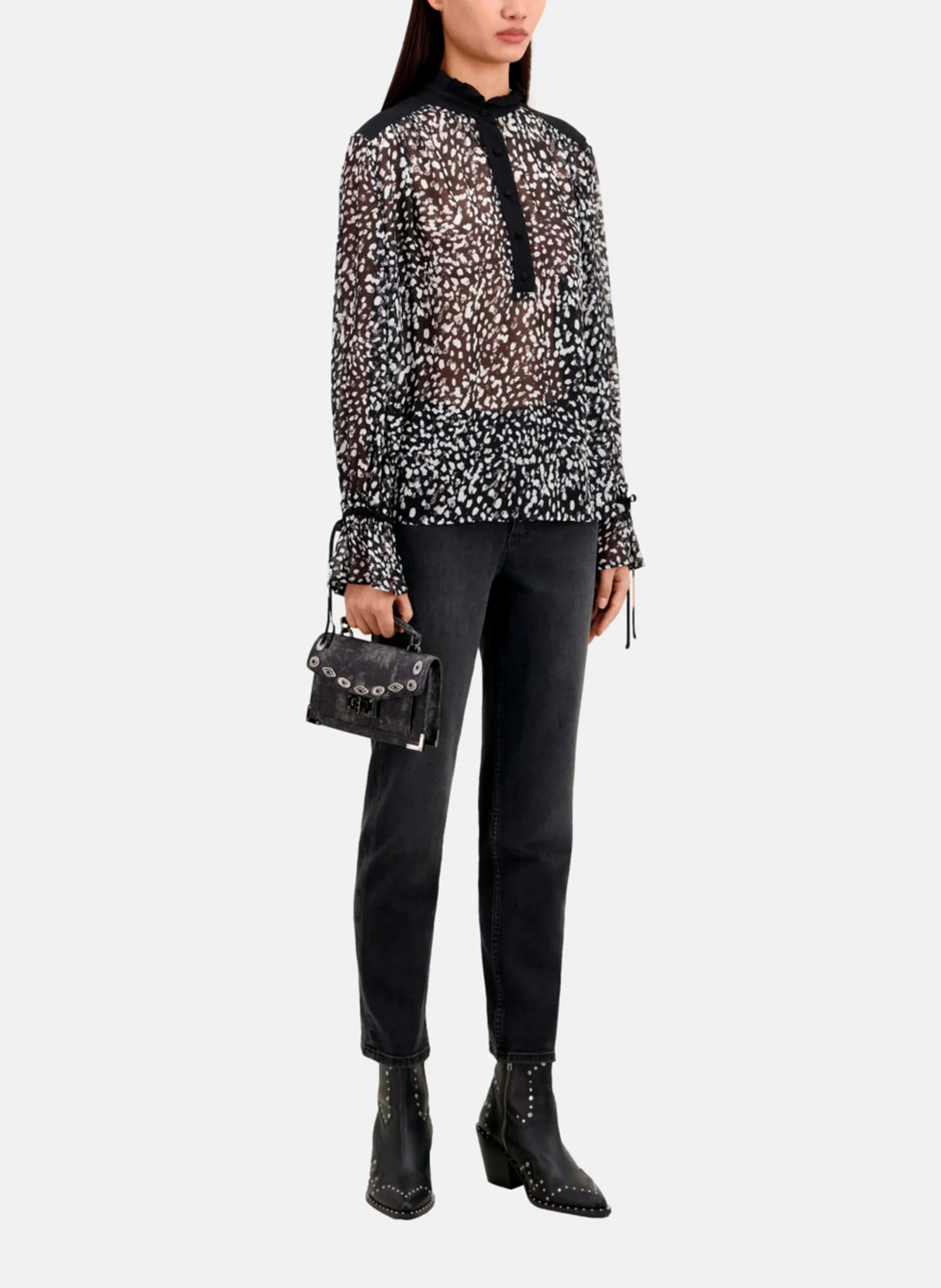 Blouse col montant imprimée| Noir