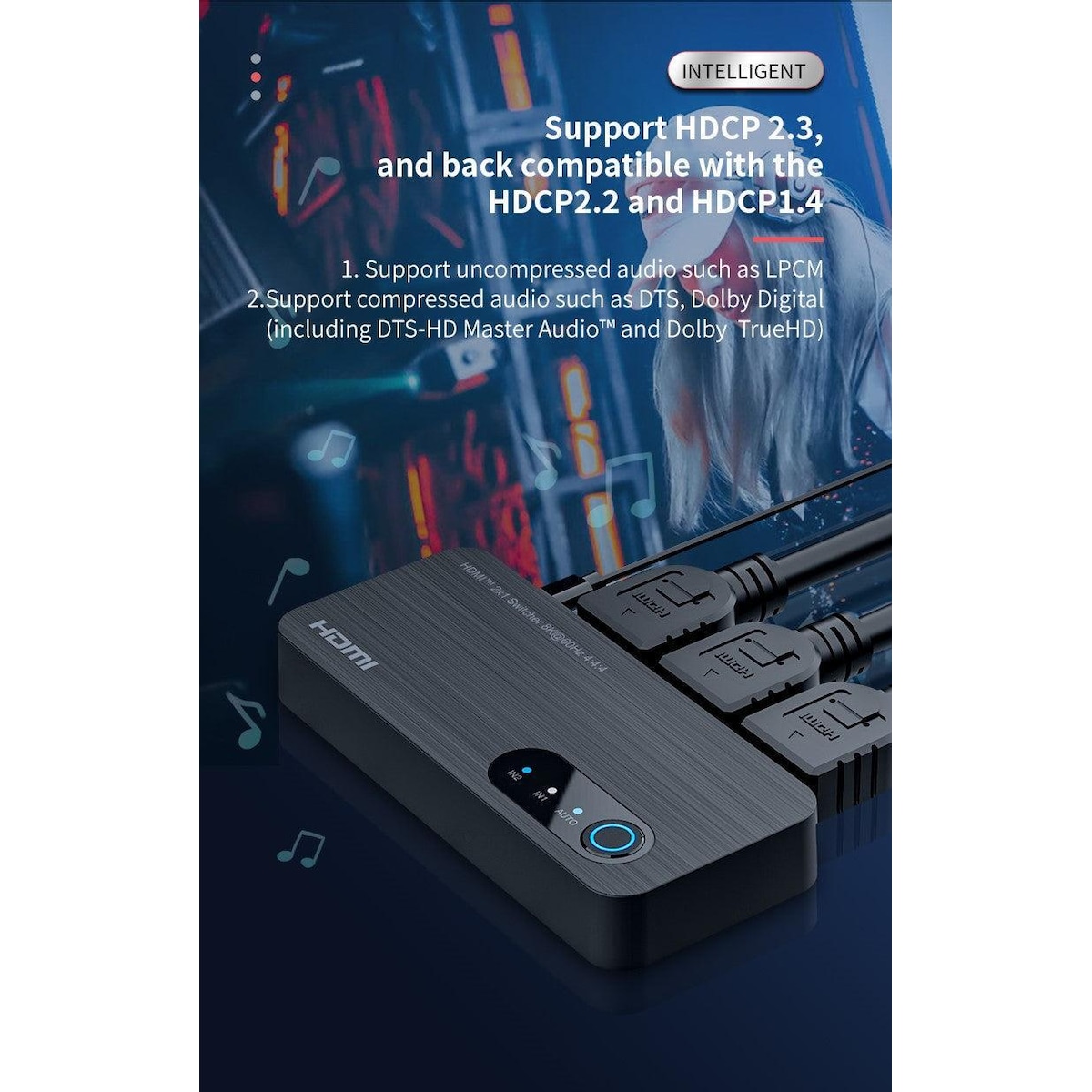 NÖRDIC HDMI-svitsj 2 til 1 8K60Hz 4K120Hz 48Gbps HDR HDCP2.3 Surround 7.1 CEC