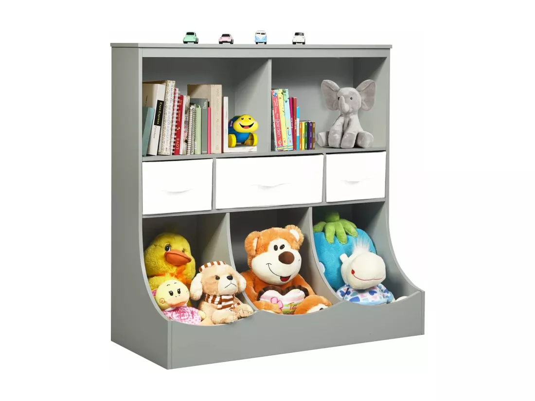 Bibliothèque enfants à 3 niveaux avec 3 tiroirs et 5 compartiments ouverts 93x40x94 cm