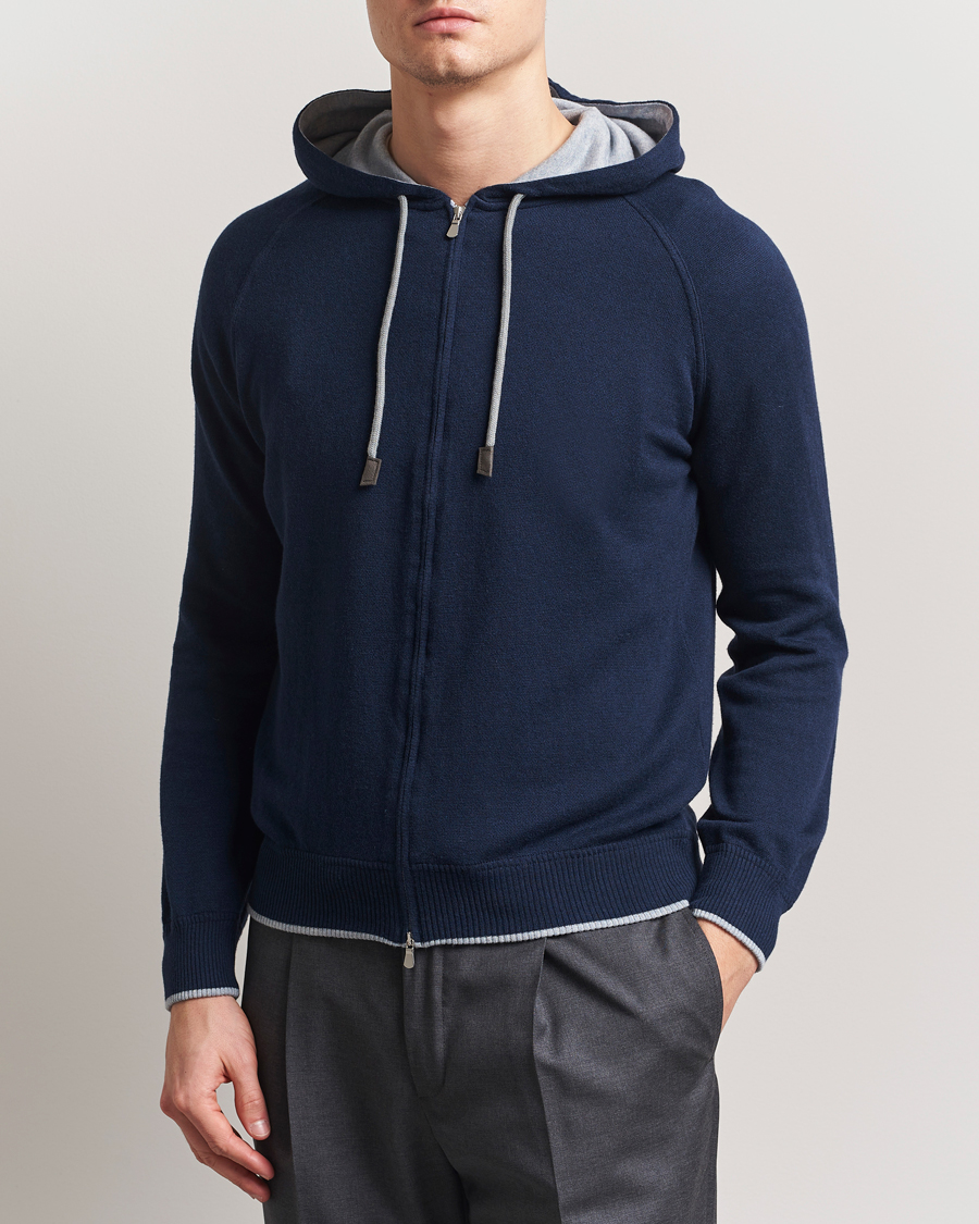 Gran Sasso Cotton/Cashmere Knitted Hooded Full Zip Navy