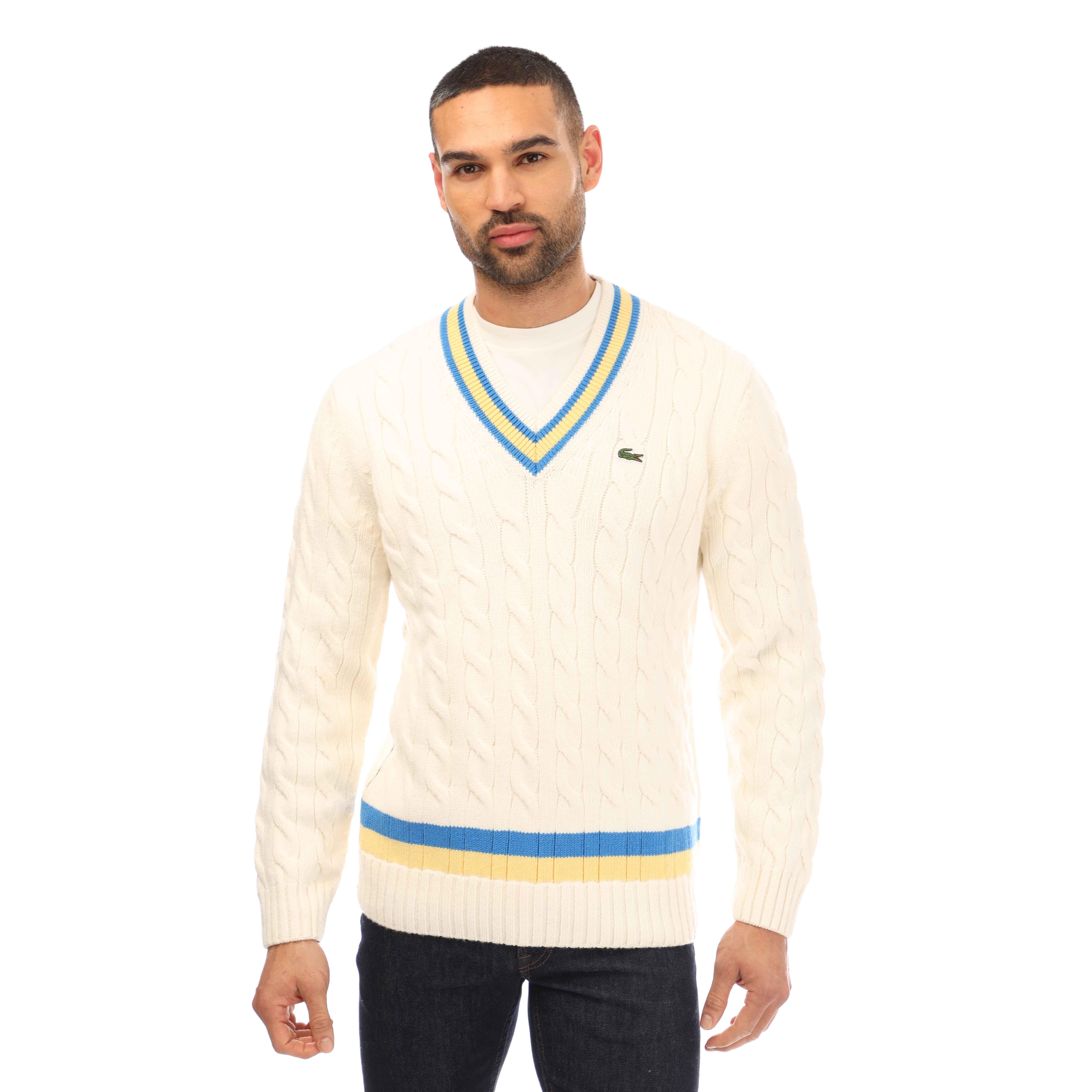 Lacoste V Neck Striped Wool Sweater
