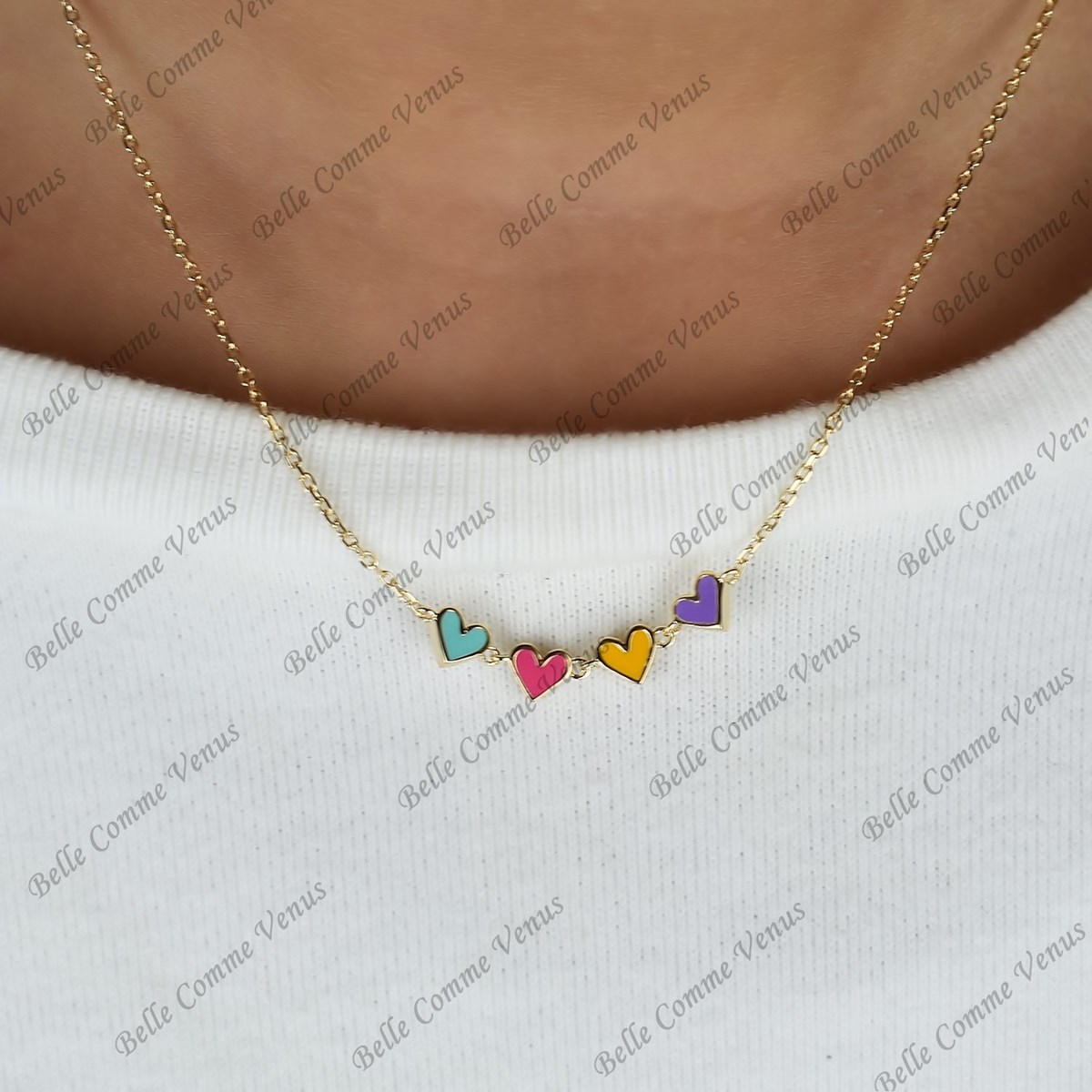 Collier suite de 4 coeurs émail coloré Plaqué OR 750 3 microns