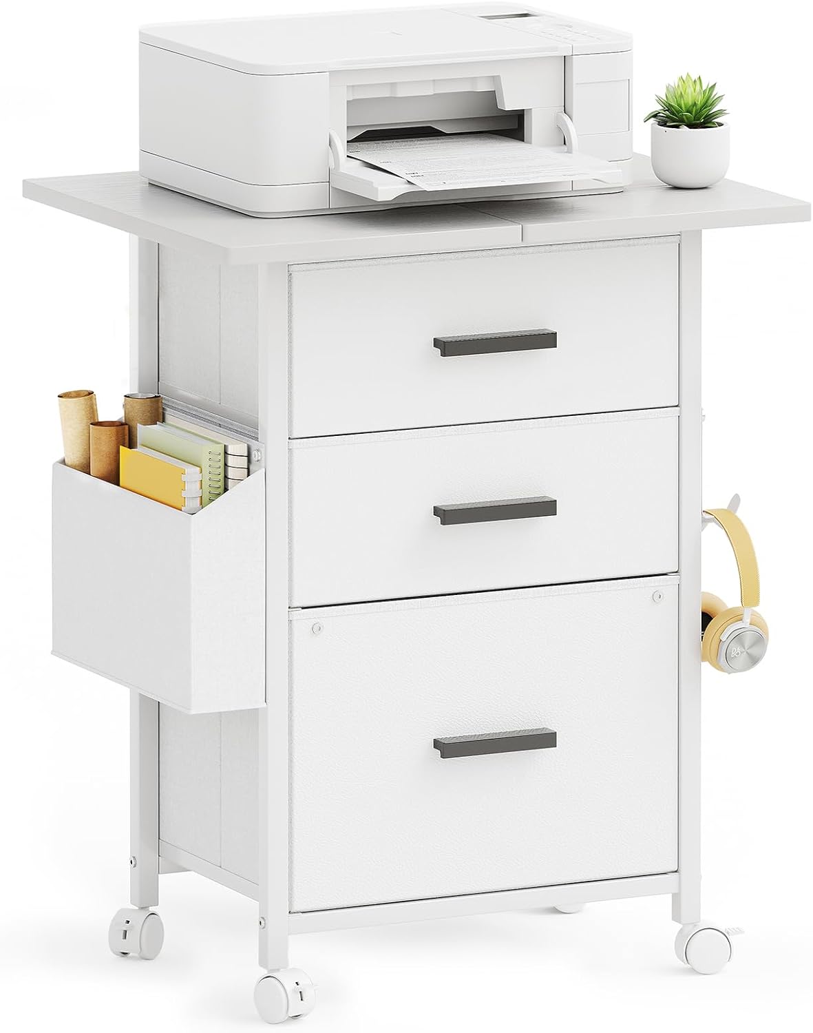Rollcontainer, Aktenschrank, mit 3 Schubladen und Rollen, für Dokumente in DIN A4, Letter-Format, Druckerständer mit Einer Tischbreite von 56 cm, Industrie-Design, Weiß