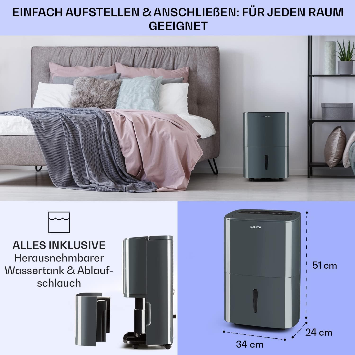 Klarstein Luftentfeuchter & Luftreiniger Elektrisch, 20 L Raumentfeuchter Klein für Wohnung Schlafzimmer Badezimmer Keller, Effizienter Bad/Raum Entfeuchter, Elektrischer & Kleiner Luftentfeuchter
