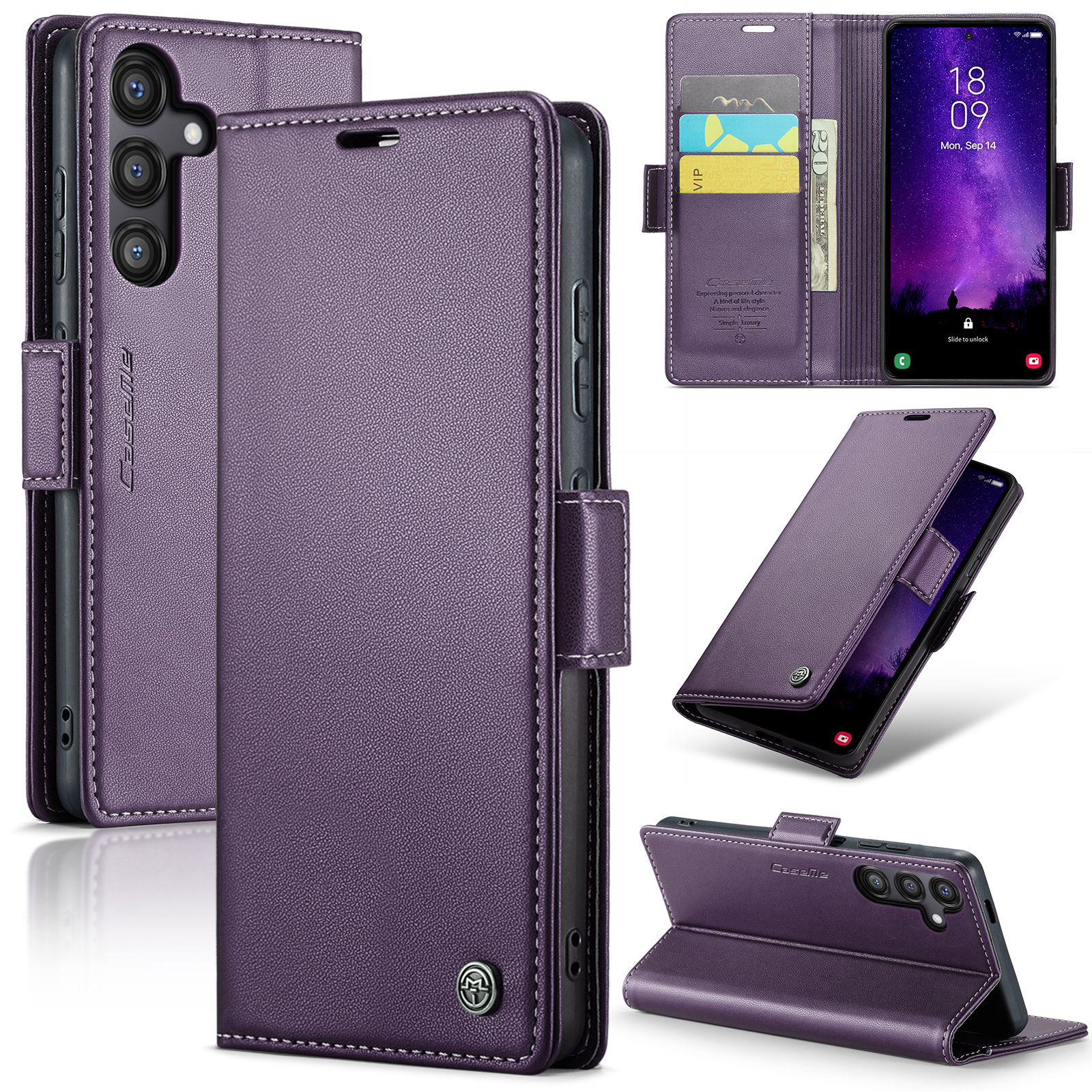 Samsung Galaxy S24 FE Leder Tasche Flip Wallet Etui mit Kartenfächern Litchi Look (RFID Schutz) - Violett