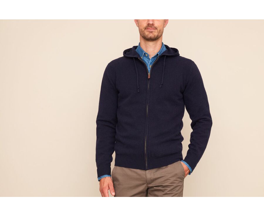Gilet homme laine zippé à capuche Navy - HOODAN