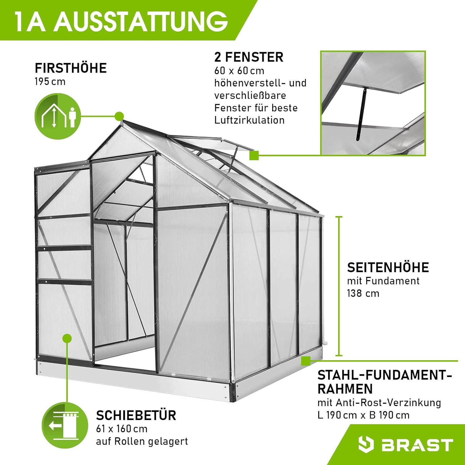 BRAST Gewächshaus Aluminium mit Fundament | 42 Modelle | 130x190x195cm - 490x250x235cm | TÜV geprüft | 6mm Hohlkammerplatten | rostfrei wetterfest temperaturbeständig | 190x190x195cm Grau
