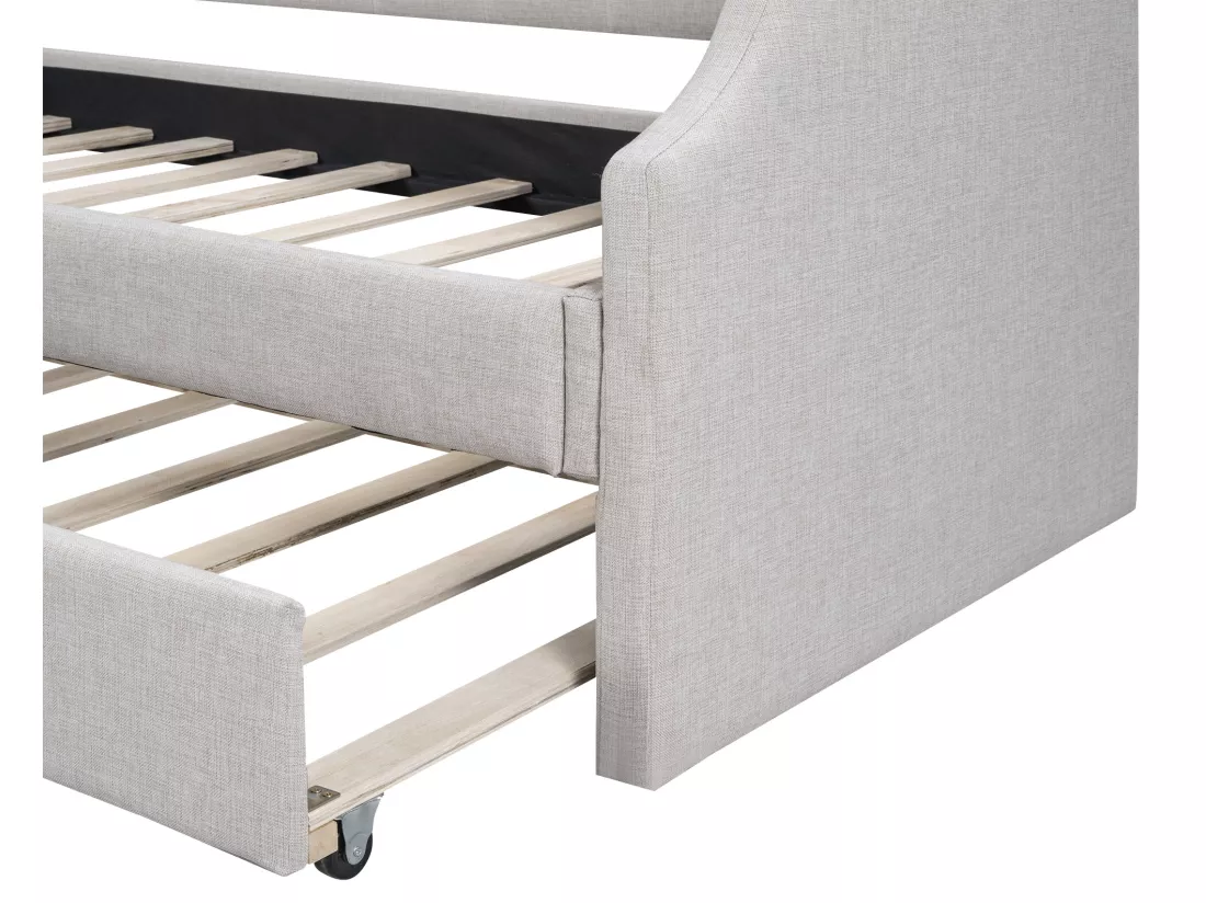 Lit gigogne 90x190/200cm en tissu de lin - avec sommier à lattes - Beige