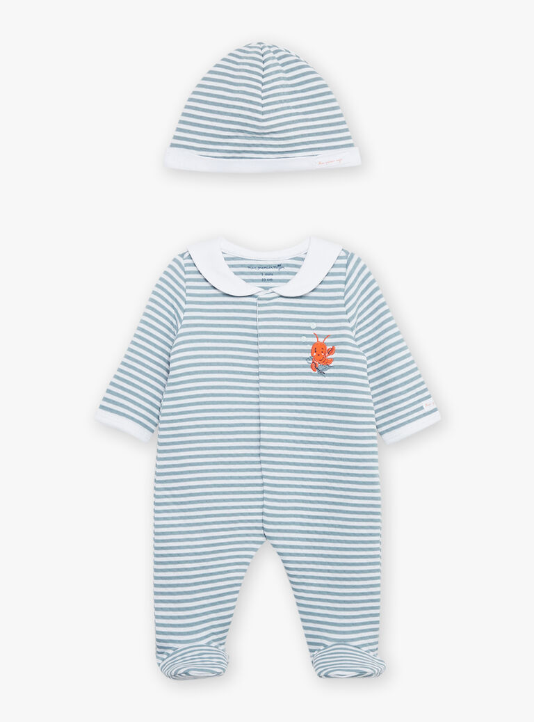 Grenouillère et bonnet bleu à imprimé à rayures