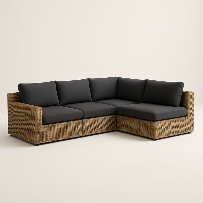 Ecksofa Set mit Polyrattanrahmen und grauen Kissenbezügen