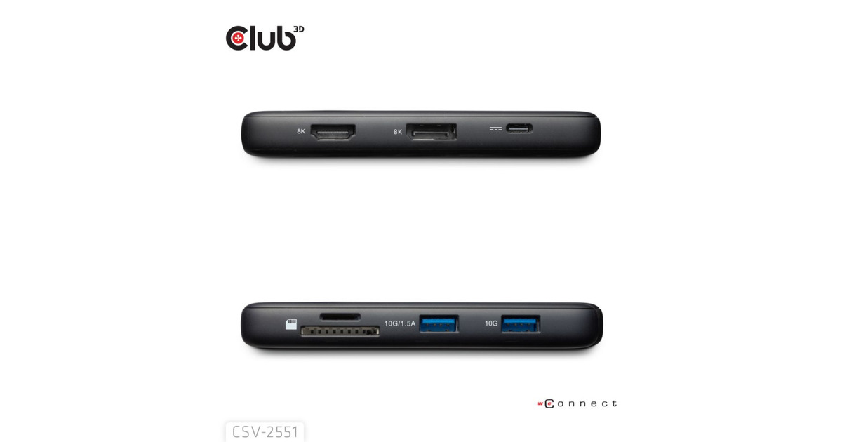 Club 3D8-1 Portable Dock USB-C 10Gbps naar HDMI en DisplayPort dockingstation  (Zwart, 8K30Hz, PD Max.100 Watt)