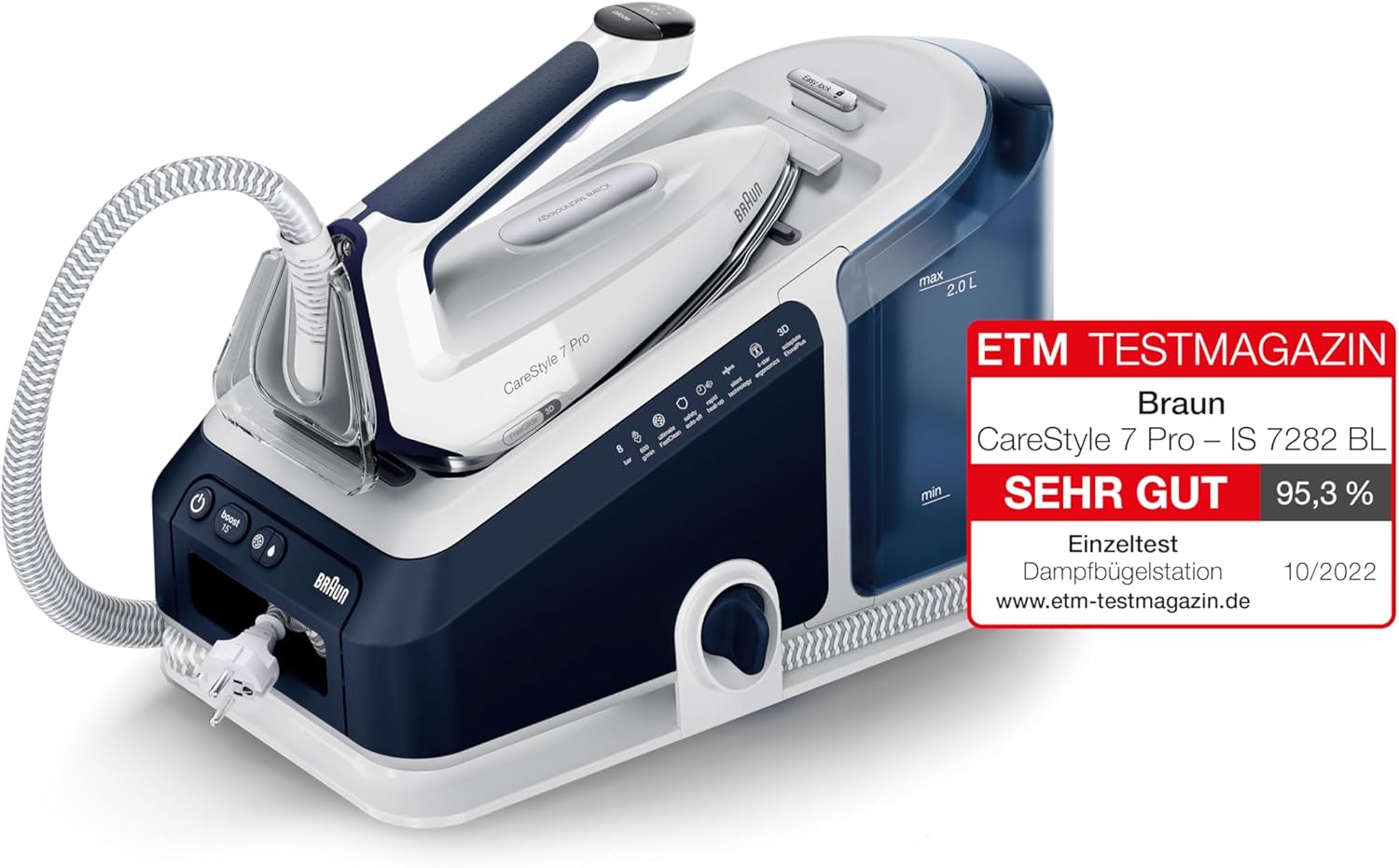Braun CareStyle 7 Pro Dampfbügelstation IS 7282 BL – Dampfbügeleisen mit FreeGlide 3D Bügelsohle, iCare-Funktion, abnehmbarer 2 L Wassertank, Dampfstoß 600 g/min, 2700 Watt, Blau/Weiß