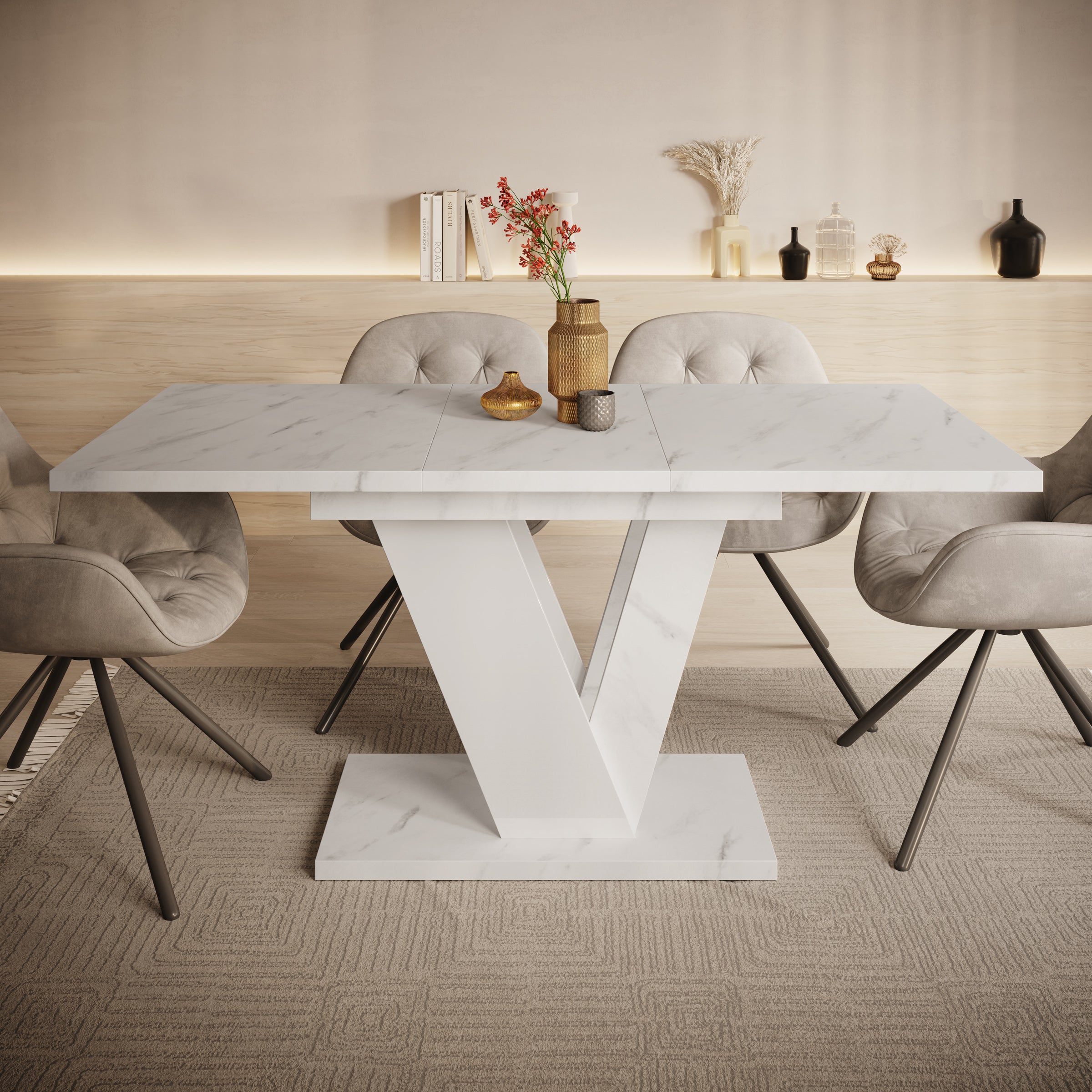 Meubella - Eetkamertafel Dayman - Wit marmer - 160 cm - Uitschuifbaar