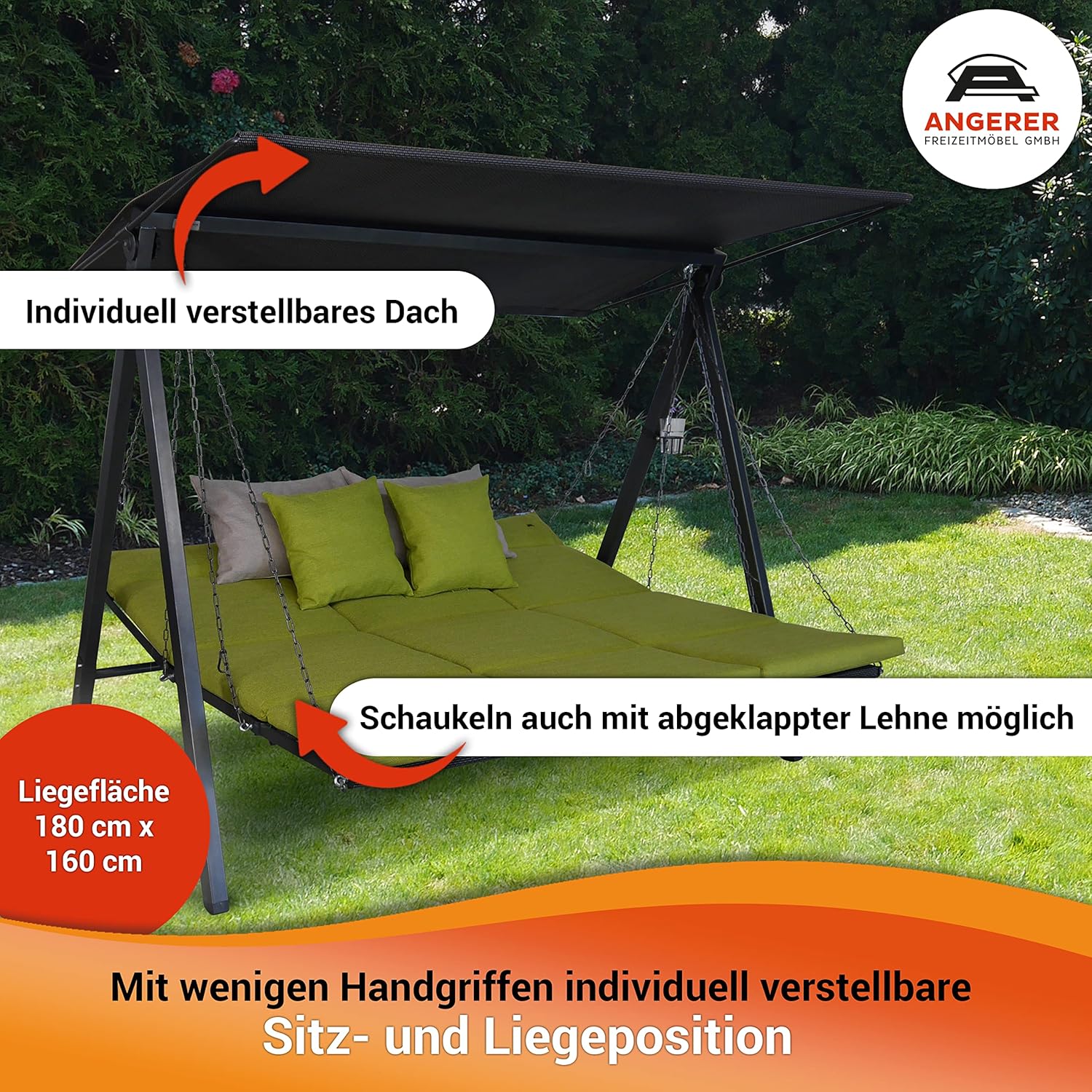 Angerer Hollywoodschaukel Lounge Smart – Schaukel zum Sitzen, Liegen & Entspannen, inkl. Bett-Funktion, einfache Montage, Made in Germany, hochwertiger Stoff, Beige