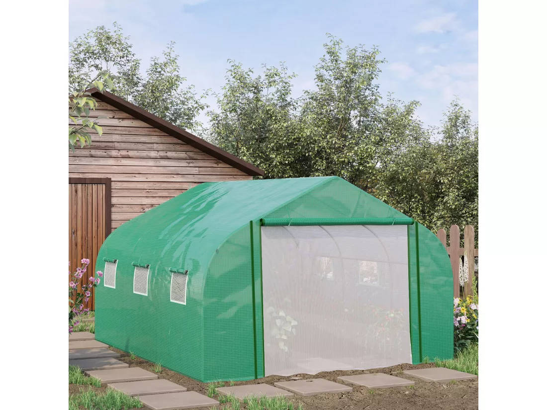 Serre tunnel de jardin grande taille dim. 3,47L x 3l x 2H m - 6 fenêtres et porte zippée enroulable - acier galvanisé PE haute densité vert