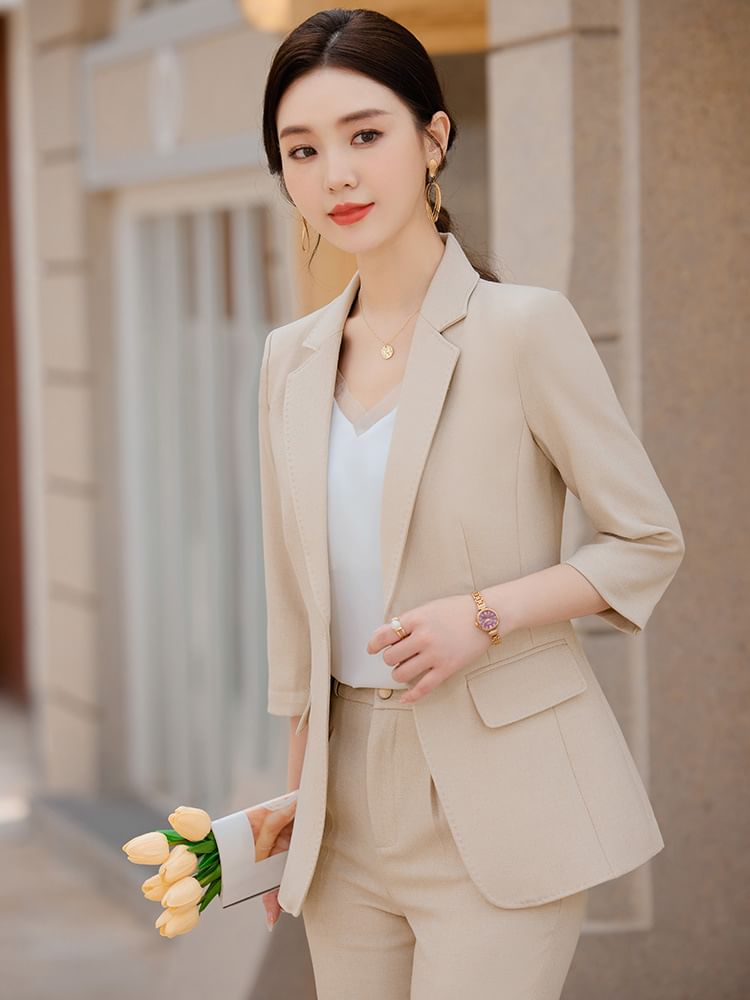 Skyheart - 3/4-mouw effen blazer met één knoop / Hoge taille rechte broek / Set