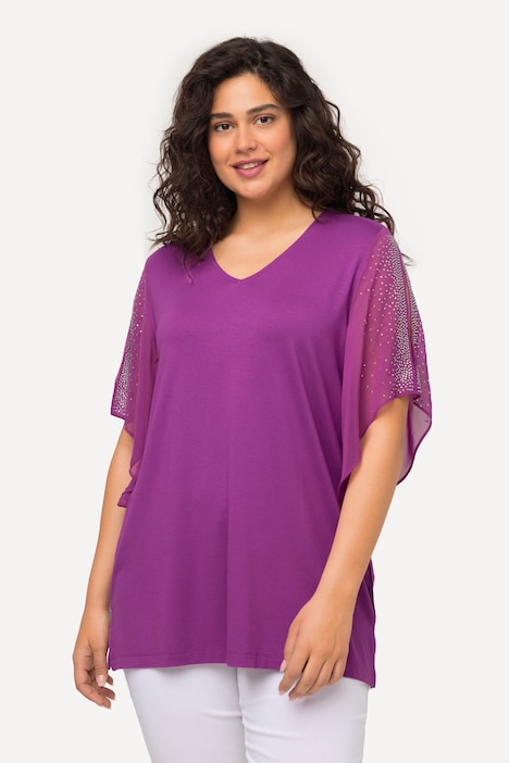 Tunika, Glitzersteinchen, A-Linie, V-Ausschnitt, 3/4-Arm