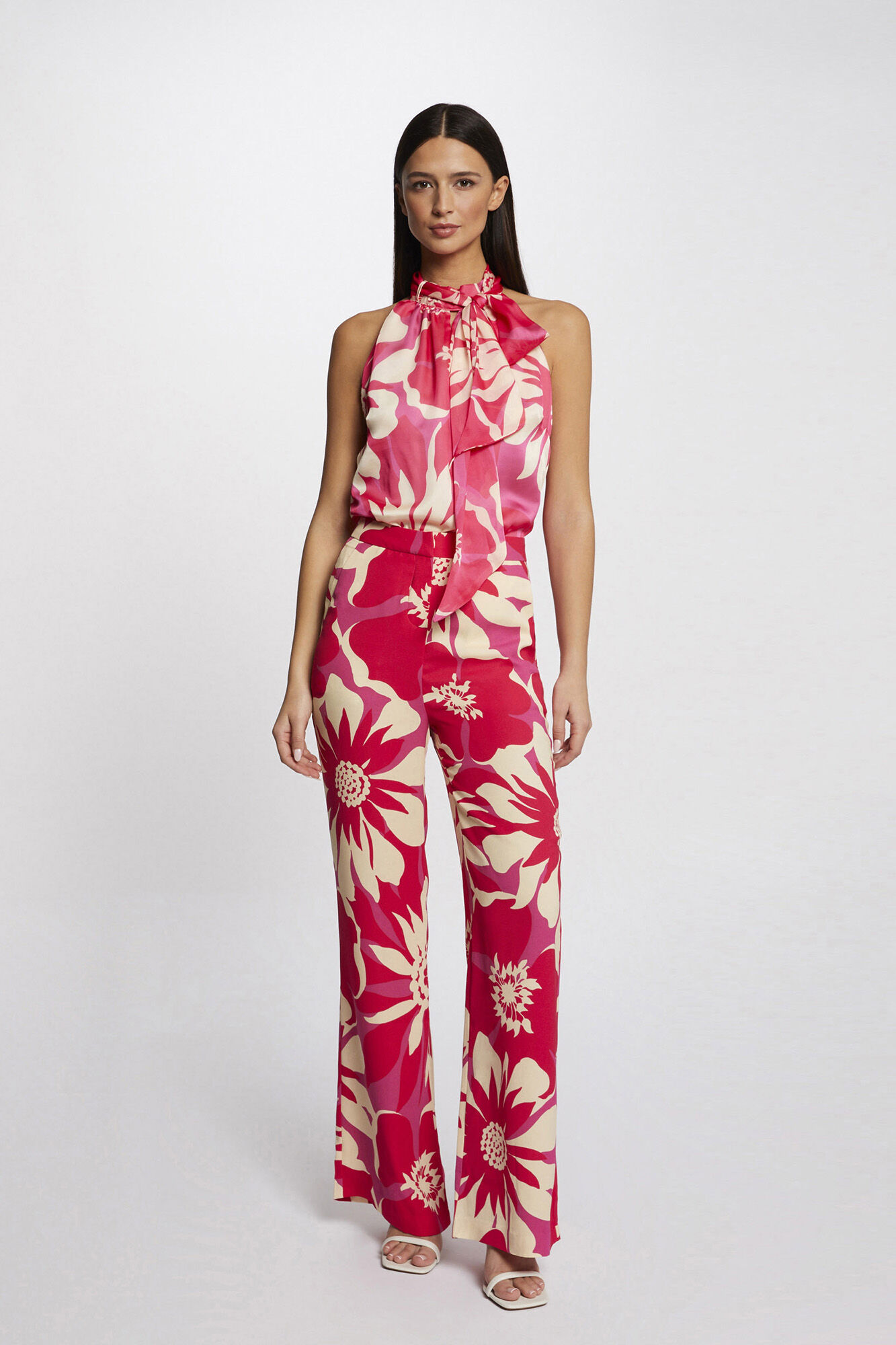 Calça pantalona com estampa floral - Estampa branca
