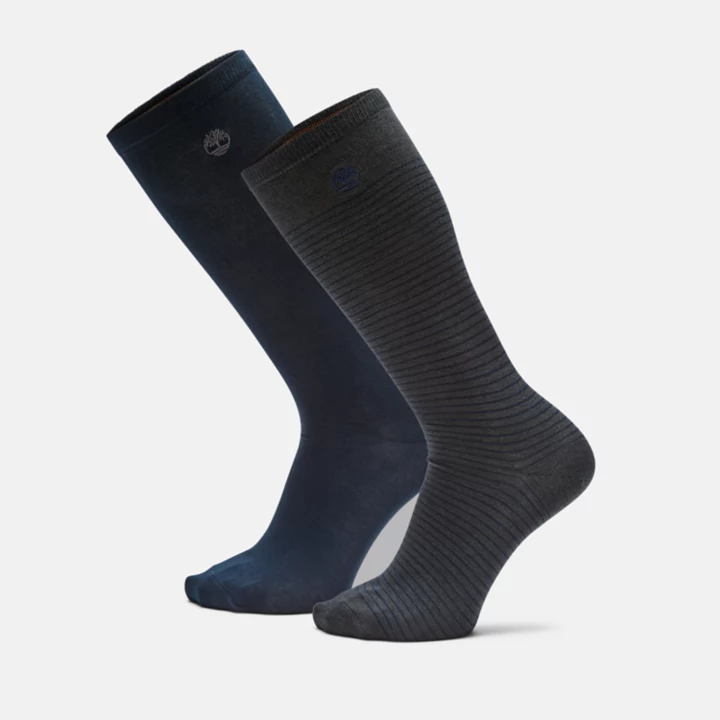Conjunto de 2 Meias Cano Alto Listradas Mini para Homens em Cinza Escuro/Azul Marinho