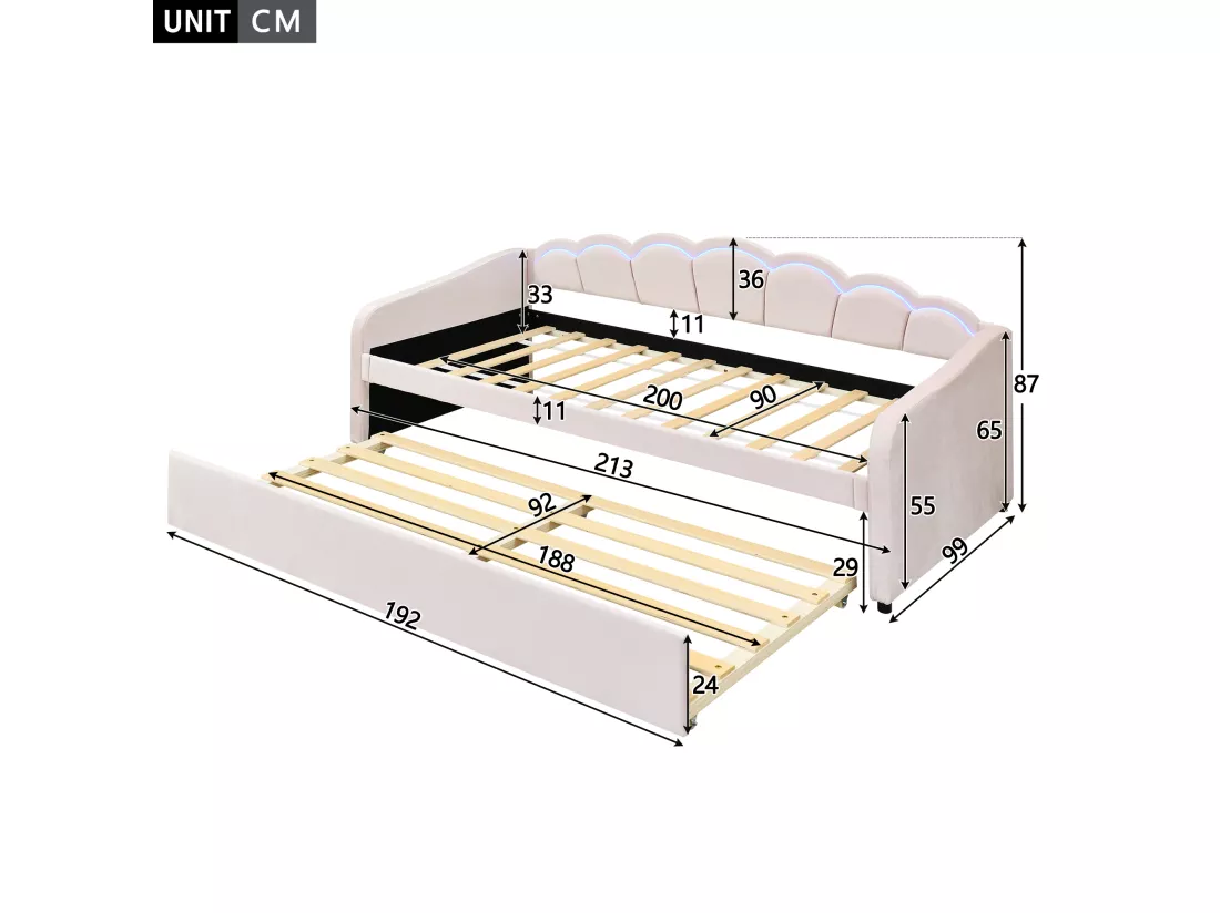 Lit banquette 90x200cm avec LED + lit gigogne 90x190cm - rembourré en tissu velours - Rose (matelas non inclus)