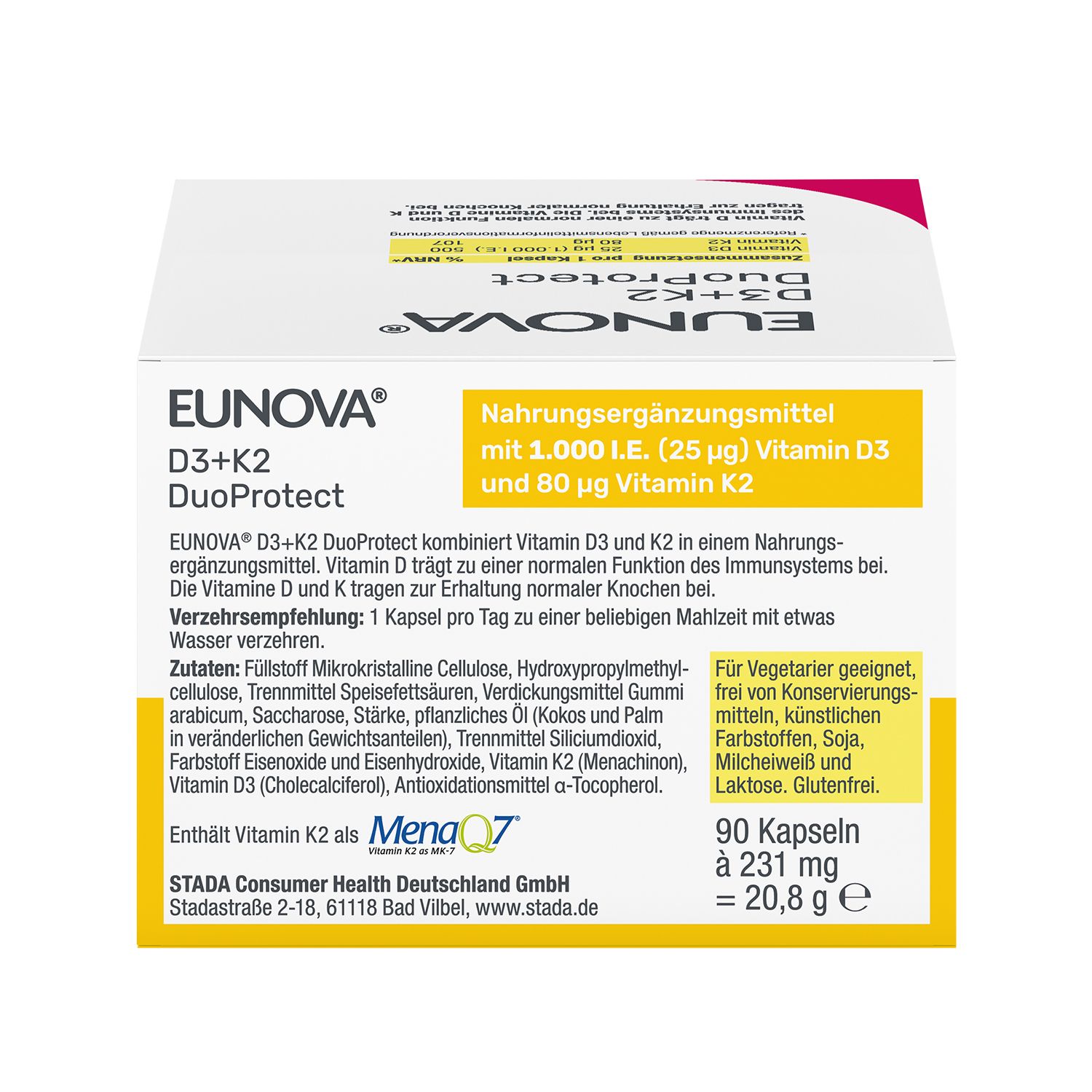 EUNOVA® D3 + K2 DuoProtect – 1.000 I.E.  Nahrungsergänzungsmittel zur normalen Funktion des Immunsystems & Erhaltung normaler Knochen