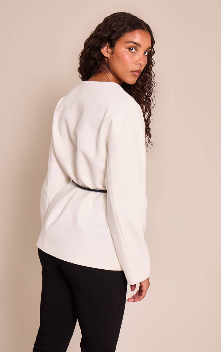 Ecru Manteau Sans Col Style Portefeuille À Ceinture Effet Laine