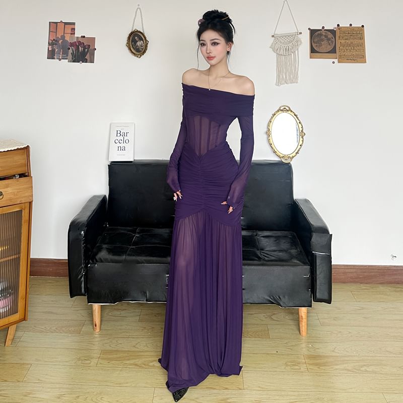 Amyway - Lange mouw off-shoulder maxi-zeemeerminjurk met effen gerimpeld mesh-paneel