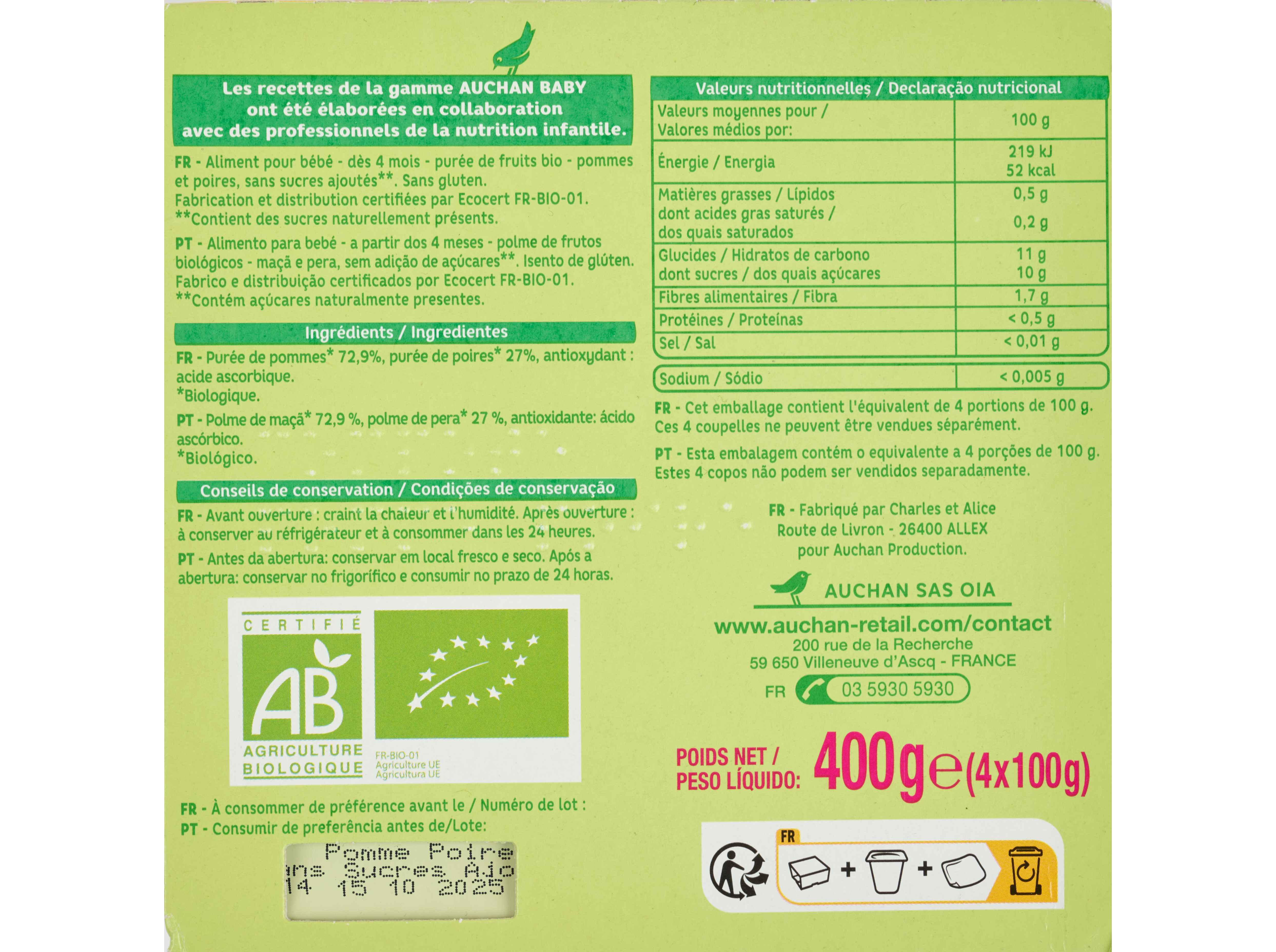 TACINHA FRUTA AUCHAN BABY BIO MAÇÃ E PERA SEM GLÚTEN 4X100G