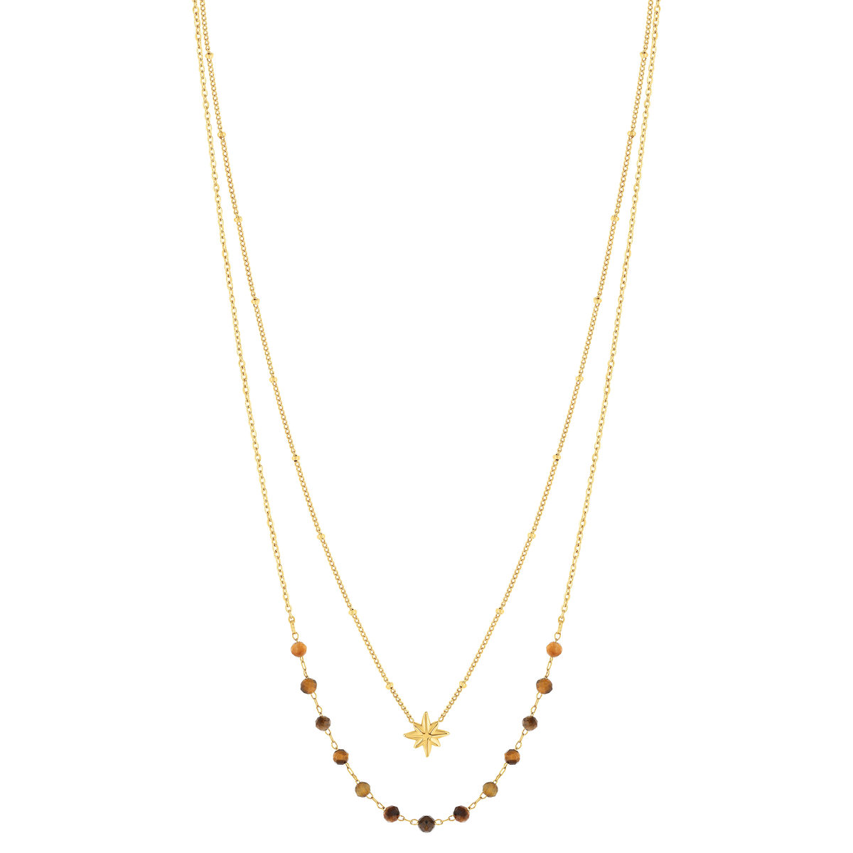 Collier acier doré 2 rangs étoile et pierres oeil de tigre 47 cm