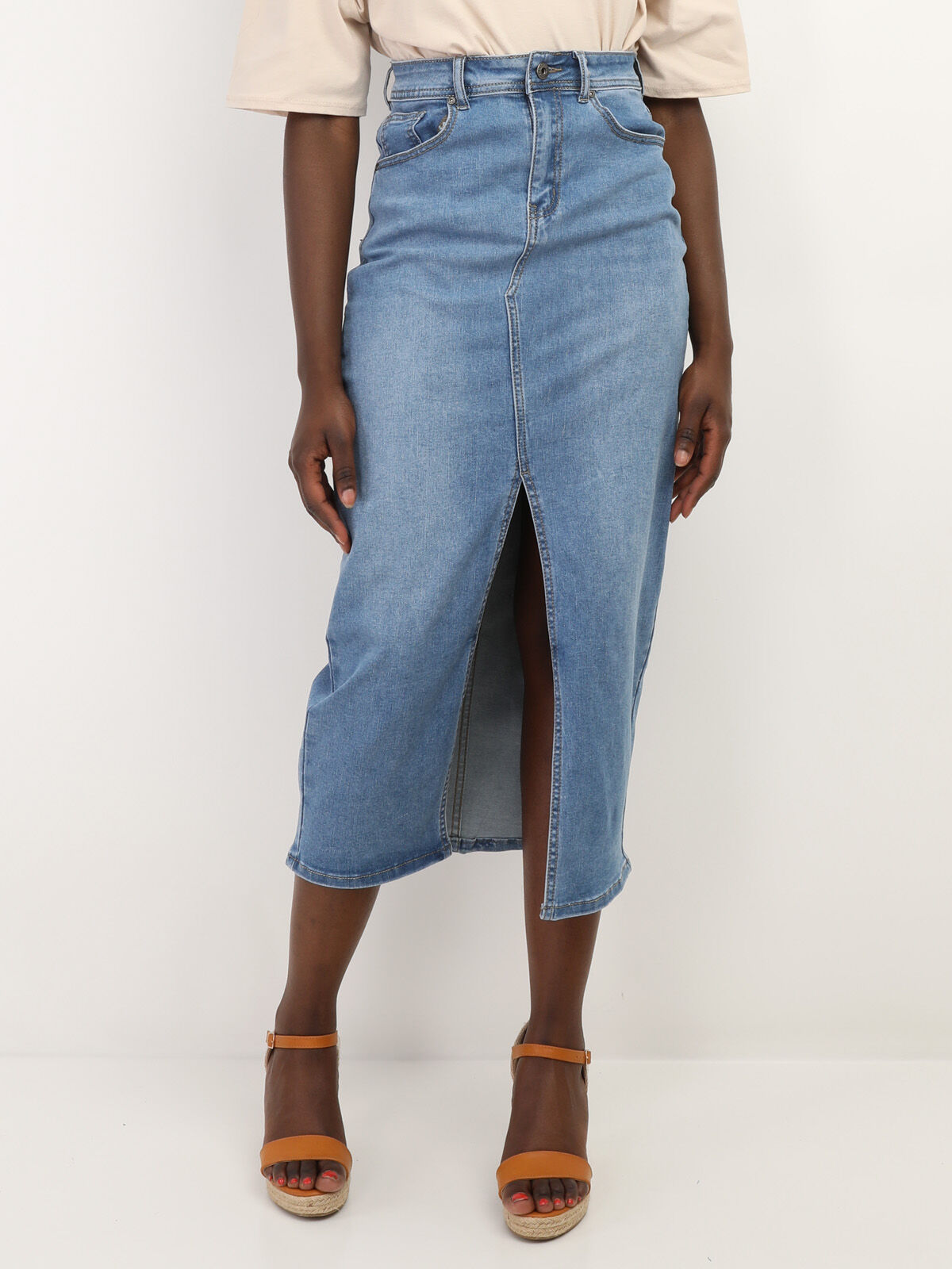 Jupe en denim mi-longue et fendue- Bleu