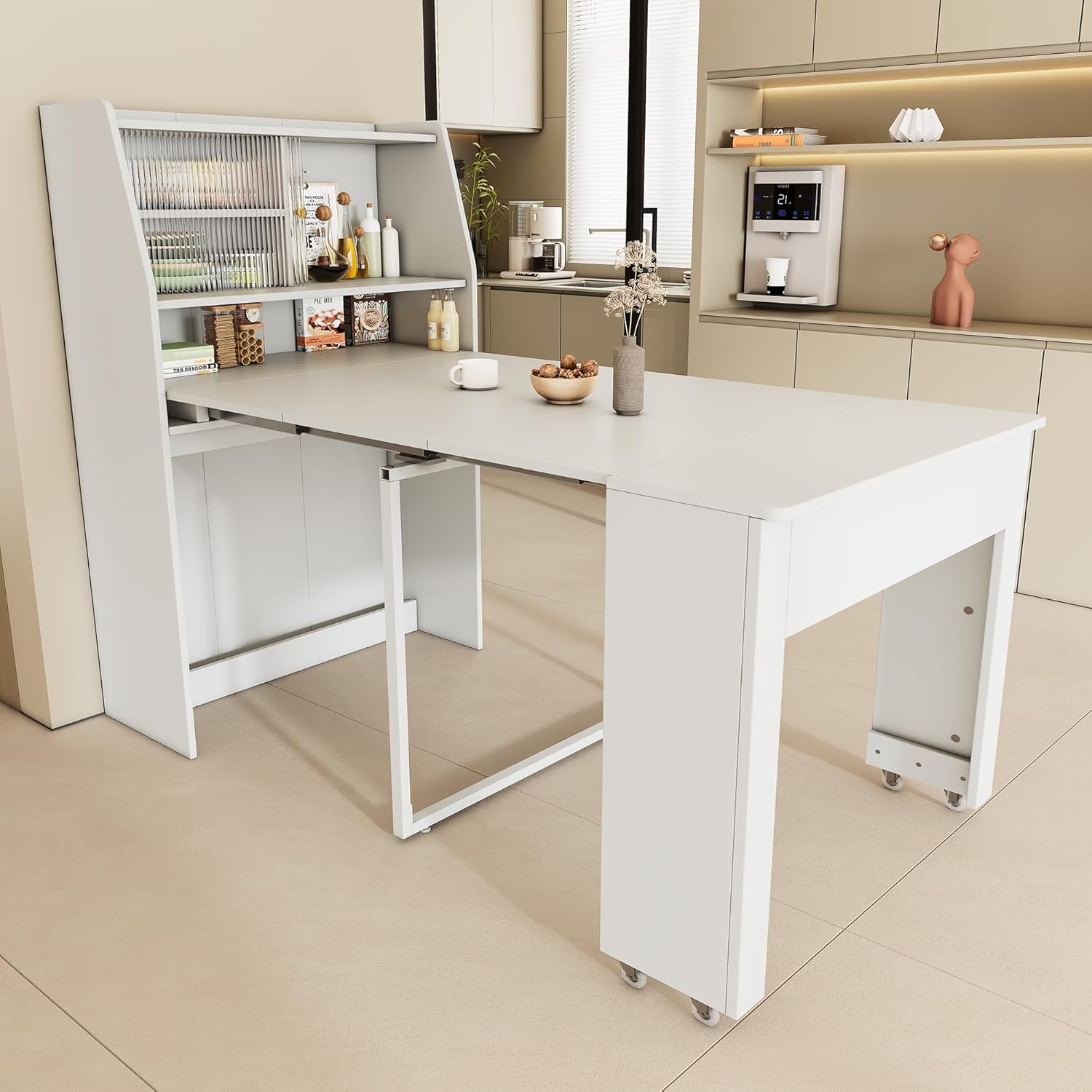 Ausziehbarer Esstisch klein, Einweg-Ausziehtisch, Weiß Esszimmer-Stauschrank, Platzsparender Multifunktions-Esstisch, 52/132.5x80x76cm