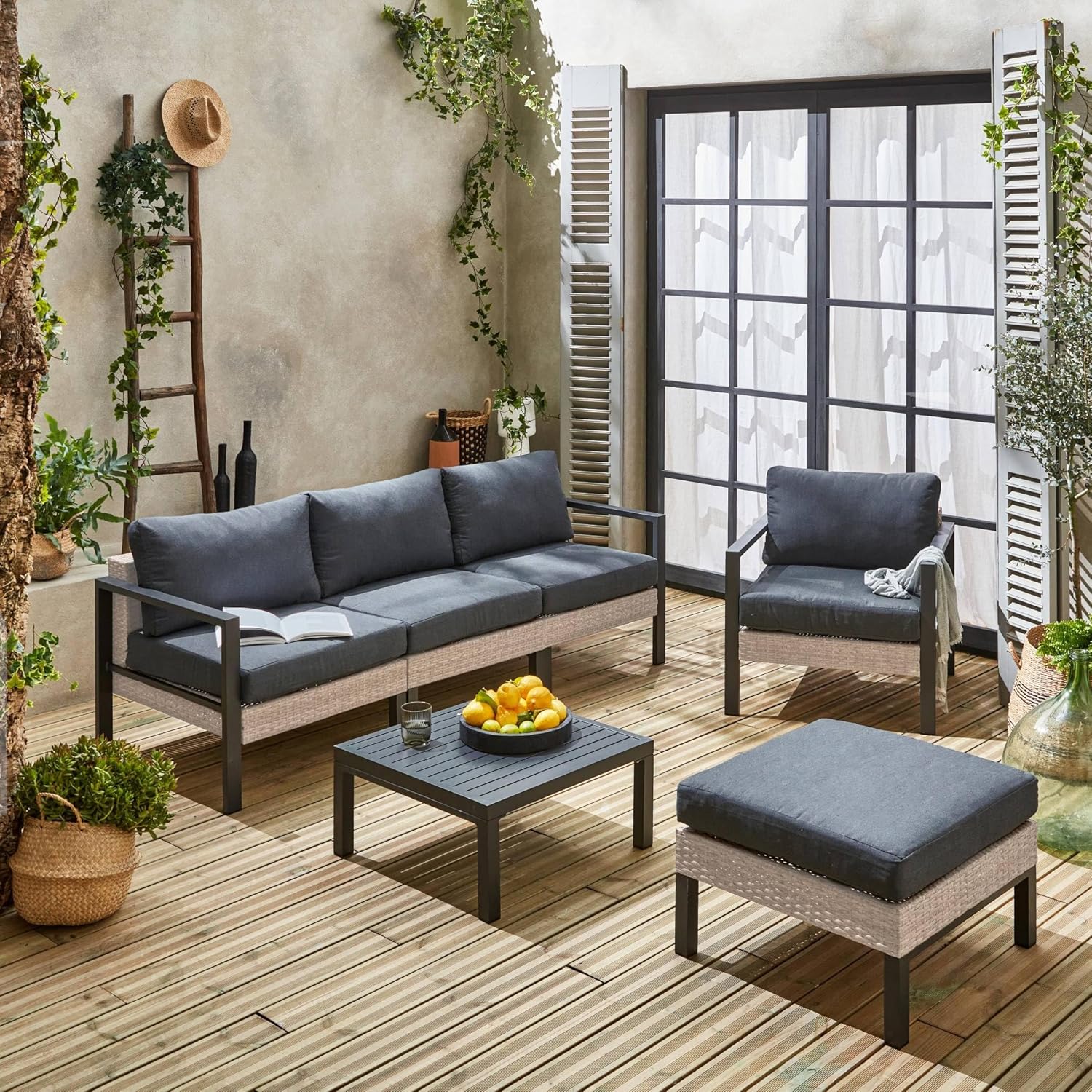 Alice's Garden - Gartenlounge-Set, Aluminium und Polyrattan, 5 Sitzplätze, dunkelgrau. L 68 x T 74 x H 63/76 cm - Velletri
