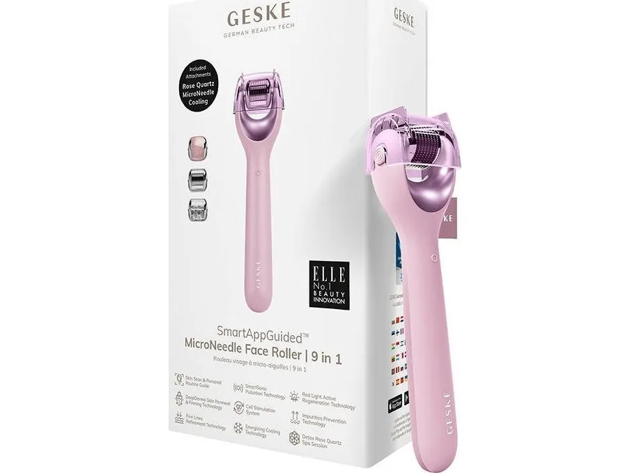 Geske facial needle mesotherapy roller 9in1 med applikation (pink)