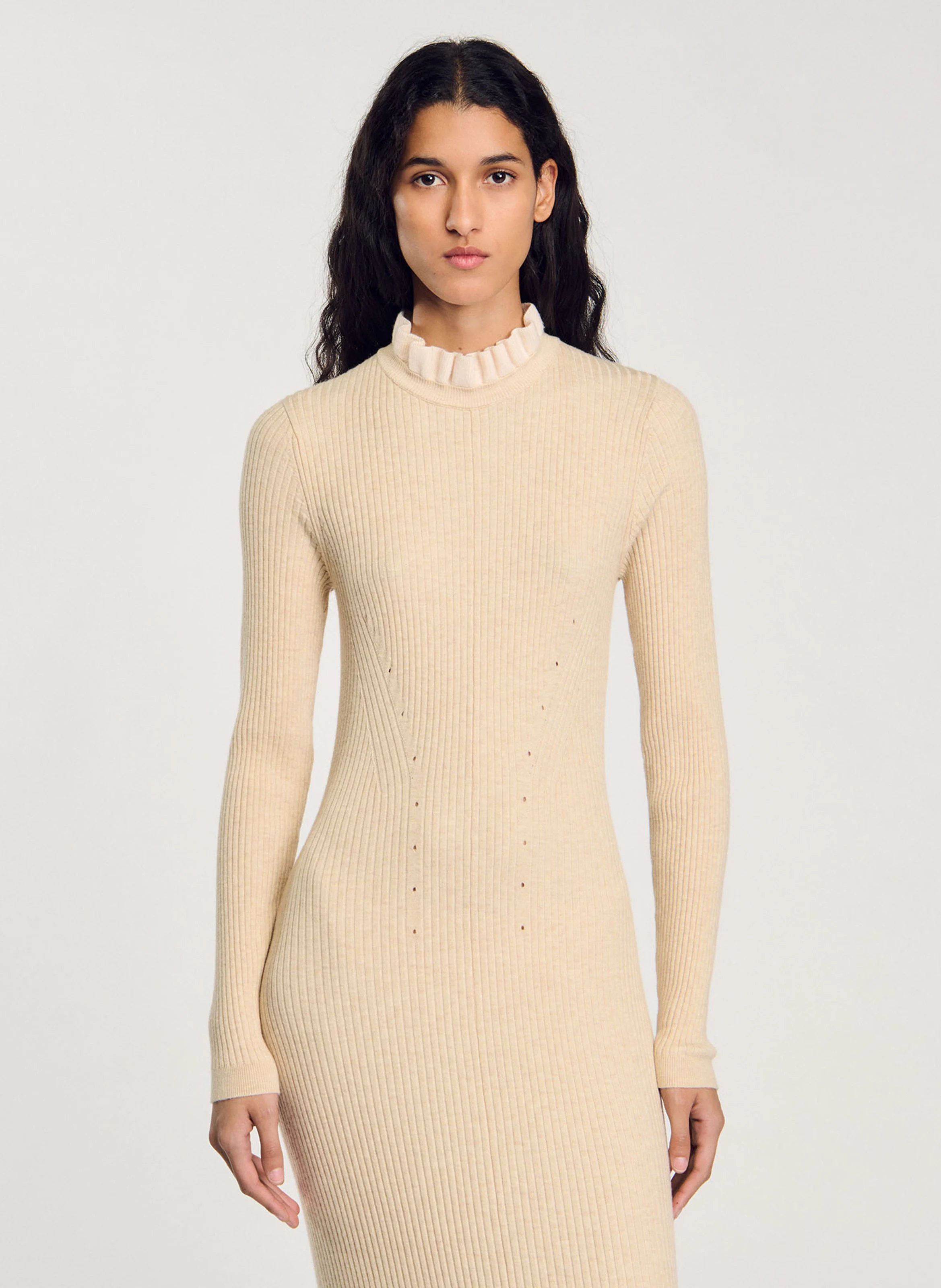 Robe longue col volanté| Beige