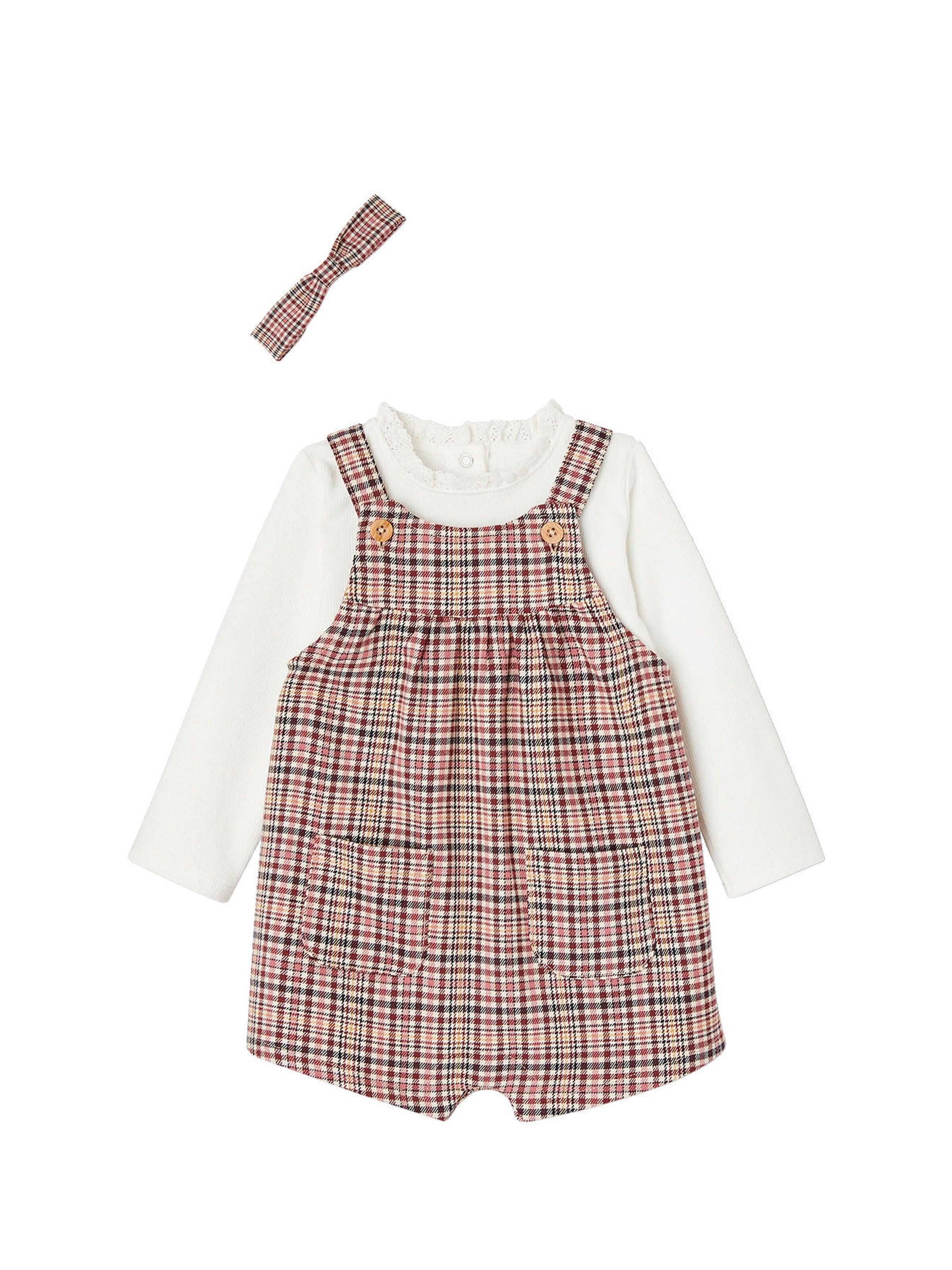 Vertbaudet Mädchen Baby-Set: karierte Latz-Shorts, Shirt & Haarband rosenholz
