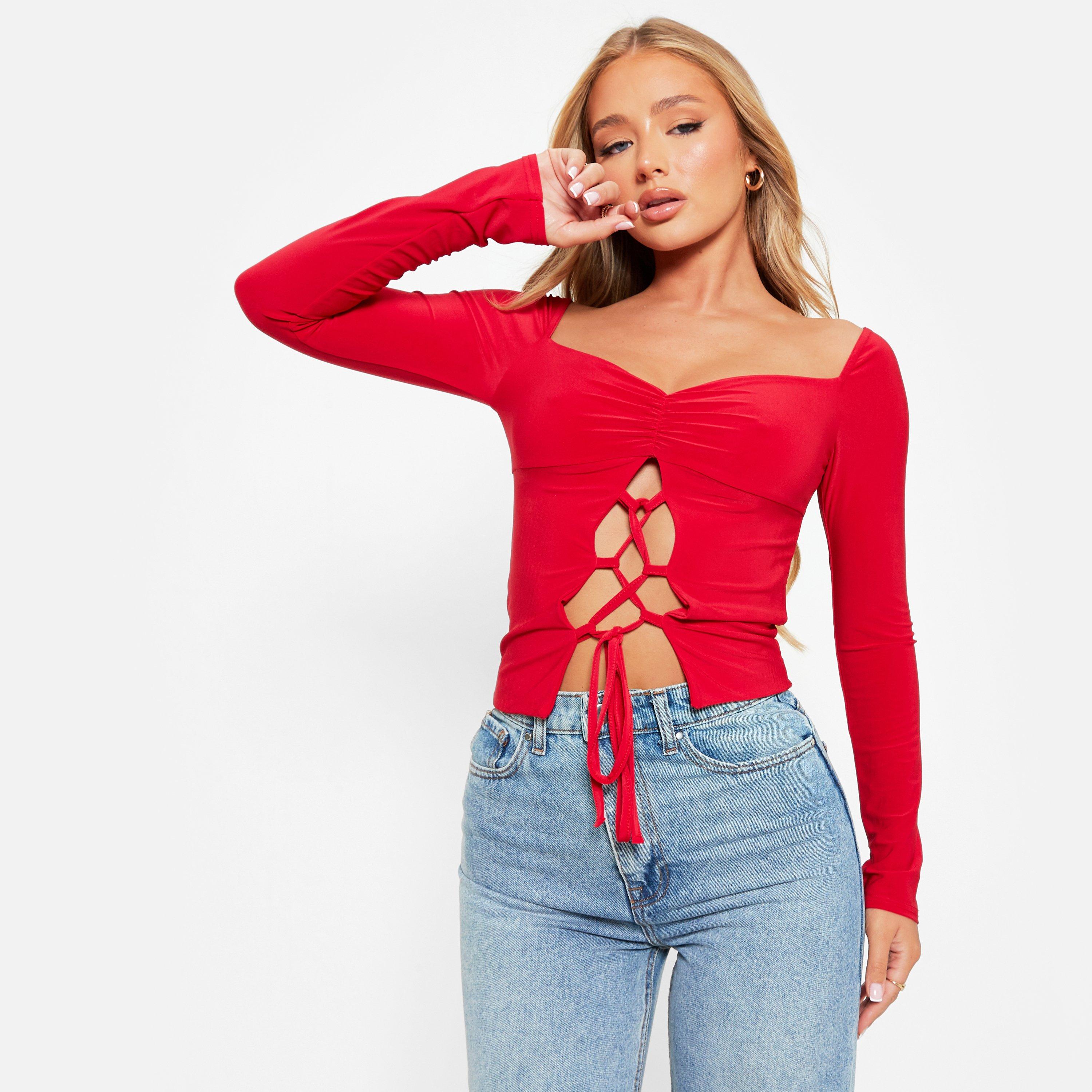 I Saw It First ISAWITFIRST Lace Up Ruched Bust Double Layered Crop Top
