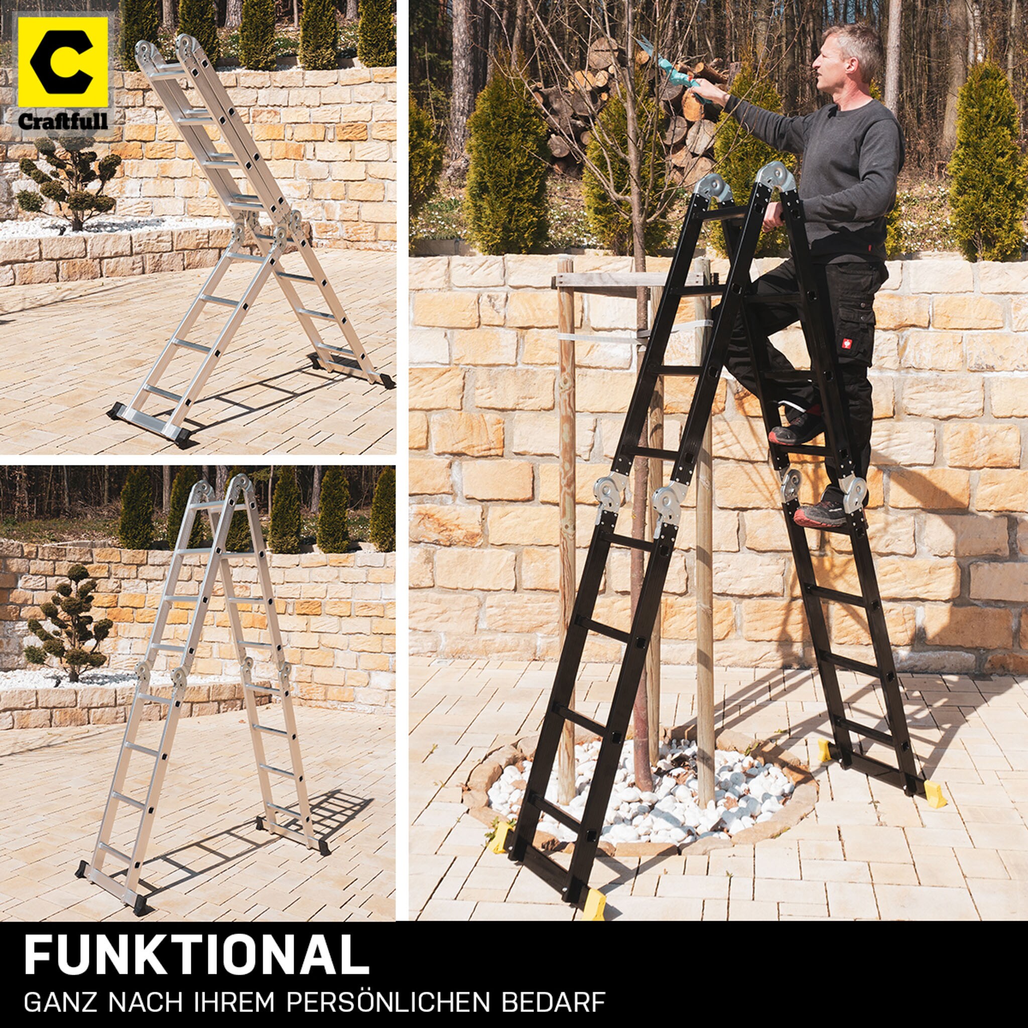 Craftfull Mehrzweckleiter CF-104A, 6in1, Gelenkleiter aus Aluminium, 3,5 -5,8 m, Anti-Rutsch-Profil (4.7 Meter 4x4 Sprossen)