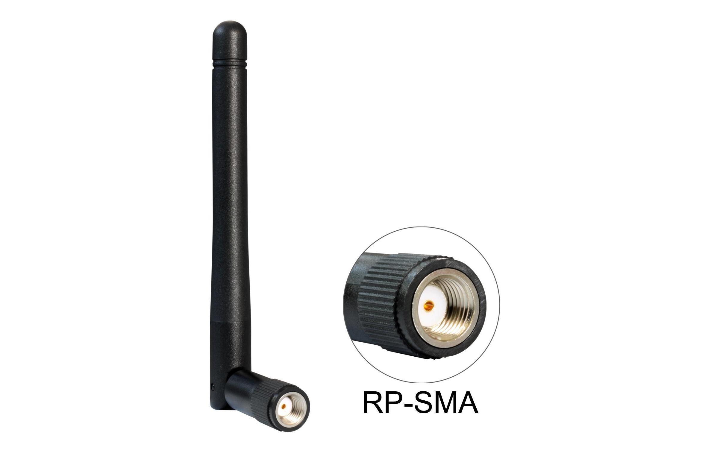 WLAN-Antenne 2.4 GHz, 10.8 cm RP-SMA 2 dBi RundstrahlDelock WLAN 802.11 b/g/n Antenne RP-SMA 2 dBi omnidirektional Kippgelenk