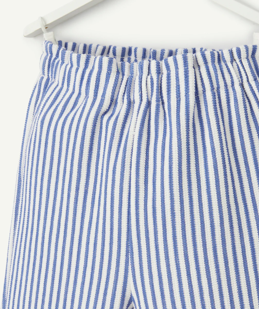 pantalon large bébé fille en fibres recyclées écru et tricot côtelé à rayures bleues