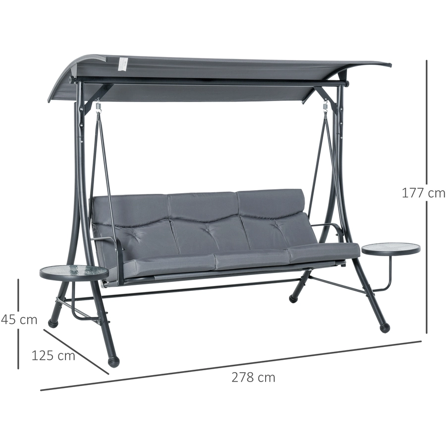 Outsunny 3-Sitzer Hollywoodschaukel mit verstellbarem Sonnendach grau, schwarz