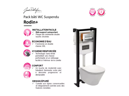 Pack WC suspendu sans bride JACOB DELAFON Rodin+ avec abattant + bâti support + plaque blanche + tabouret bois