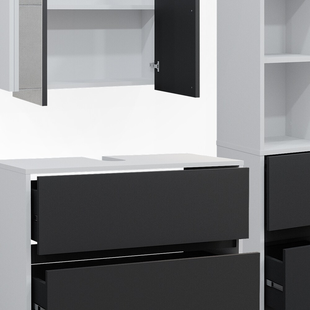 Badmöbel-Set Maltin Weiß Anthrazit modern Waschtischunterschrank Spiegelschrank Hochschrank