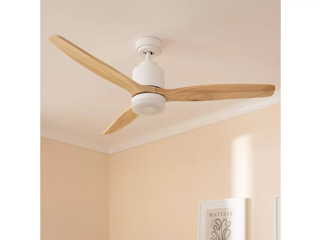 Ventilateur de Plafond Silencieux Mersin Bois & Blanc 132 cm Moteur DC Télécommande Avec lumière