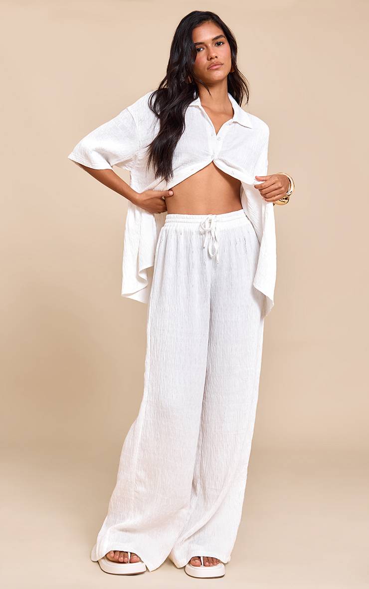 Blanc Pantalon Large À Cordon En Tissu Texturé Tissé