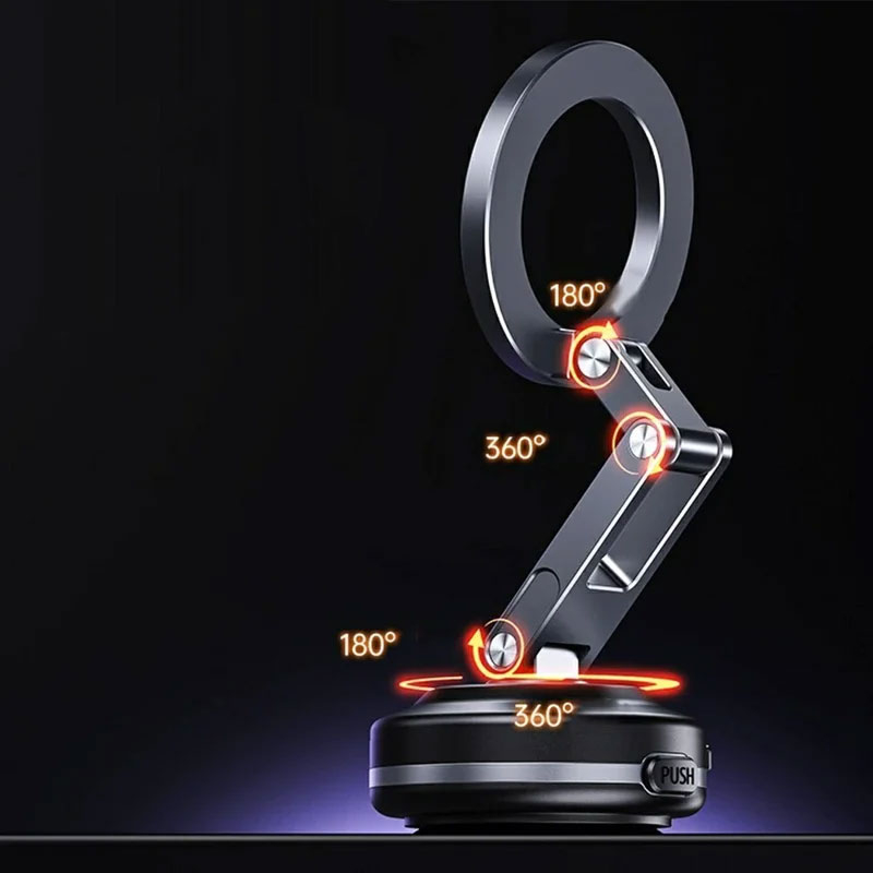 Faltbare Magnetische Auto KFZ 360° Smartphone Halterung mit elektronischem Saugfuss inkl. Magnet Ring (130mAh) - Grau